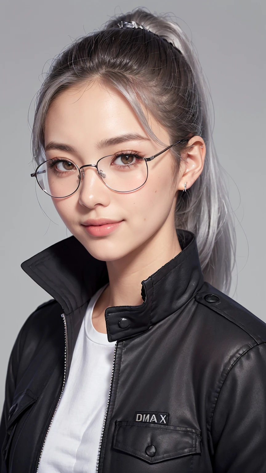 Realistic, masterpiece, highest quality, Highest Resolution, (1girl:1.3), 20-year-old, Sharp Eyes, Grinning smile, Slightly to the side, Definitely watching the audience, (Beautiful fine details, Iris, (Hidden eyelid wrinkles:1.2), Thin eyebrows, Draw eyelashes carefully, Natural Makeup, Mid-length hair, Silver Hair, ponytail, Detailed face), (rimless glasses, (White Shirt, (Black military jacket, MA-1)),Photographing the upper body,Portraiture, (Gray blank background:1.3)