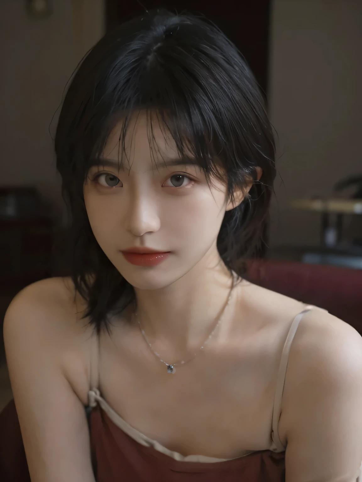 Film Portrait Photography, 2 girls, Bare shoulders,lipstick,(flat chest:1.4), Wear a necklace,Cute expression,Exquisite makeup,Red suspenders,serene, calm, (Realistic and detailed eyes, Natural skin texture, Realistic facial details), Large Breasts:1.6,Soft dramatic lighting, Depth of Field, Bokeh, Vivid details, Detailed and detailed, Surrealism, 35 mm film, hazy, ,