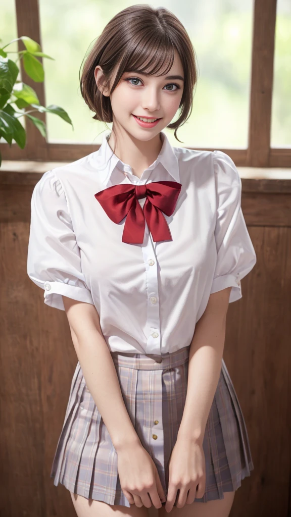(highest quality、Tabletop、8k、Best image quality、Award-winning works), (Red eyeshadow:1.2)、Perfect Makeup、Long eyelashes、Ultra-high definition sparkling eyes、Ultra HD Hair、超High resolutionolution glossy lips、超High resolutionのPerfect Teeth、Ultra HD cute face、Brown Hair、(Very short straight hair:1.1)、Look at me and smile、[clavicle]、Accurate anatomy、With bangs、超High resolutionの輝く肌、The most detailed face、超High resolutionの詳細な顔、超High resolutionolution hair、Fashion model, 25 years old, [[[[chest]]]], [[[[head]]], [shoulder]]]]], Perfect Eyes, Perfect Iris, Perfect Lips, Perfect Teeth, Perfect Skin, Soft Front Light, shine, High resolution, (Soft colors: 1.2), highest quality, masterpiece, 超High resolution, (photoRealistic:1.37), RAW Photos, One girl, Long Hair, Beautiful Eyes, Beautiful Face, Detailed eyes and face,  Dynamic Lighting, In the Dark, Tabletop, highest quality, Realistic, Very detailed, finely, High resolution, 8k wallpaper, 1. Beautiful Women, Light brown messy hair, Realistic, High resolution, Only one girl , Wavy black hair, Brown eyes,  whole body, Big Breasts, chestの谷間, Pose Random, 8k, Very detailed, High resolution, To the camera,  (Very Realistic, High resolution), ( Very fine grain, Very fine hair, Very detailedな顔, Very detailedなふっくらとした唇), (school uniform), chest,  Loving smile,  (highest quality: 1. 4), RAW Photos, (Realistic, PhotoRealistic: 1.37), Browsing Caution,highest quality, Best image quality, RAW Photos, Realistic, Photorealistic, Very detailed and beautiful, Best details, One Girl, good looking, Beautiful white skin and glow, Beautiful Eyesは大きくて明るい, Small mouth and thin lips,seductive pose,JP ,22 years old,face,looking at viewer,cowboy shot,on couch