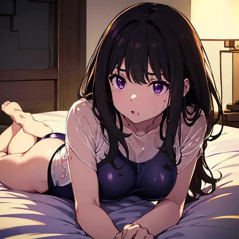 (masterpiece, highest quality, High resolution, 超High resolution, Pixel perfect、8k), Takina Inoue、Perfect Face、Shiny Hair、Clear Eyes、Black Hair、Long Hair、 (Purple eyes:1.2), (Sex:1.3)、(semen released into vagina:1.3)、(Large Breasts:1.3)、(Big Ass:1.3)、Curvaceous、Shooting from behind、(Get on all fours:1.3)、On the bed、Bedroom、A painful face、Drooling、Sweat、(See-through swimsuit:1.3)、