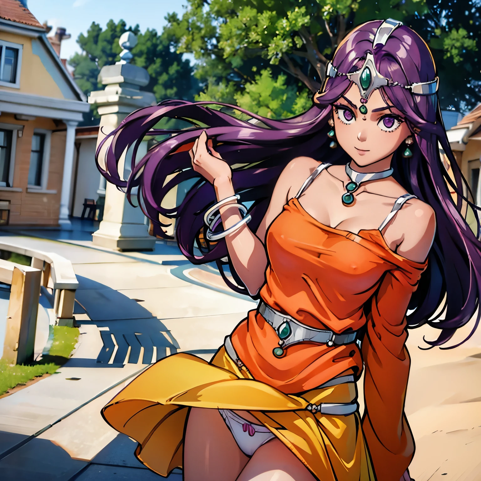 High resolution、masterpiece、One Girl、DQ Minnea,White panties, Purple Hair、Circlet, Earrings, choker, bracelet, Orange Dress、