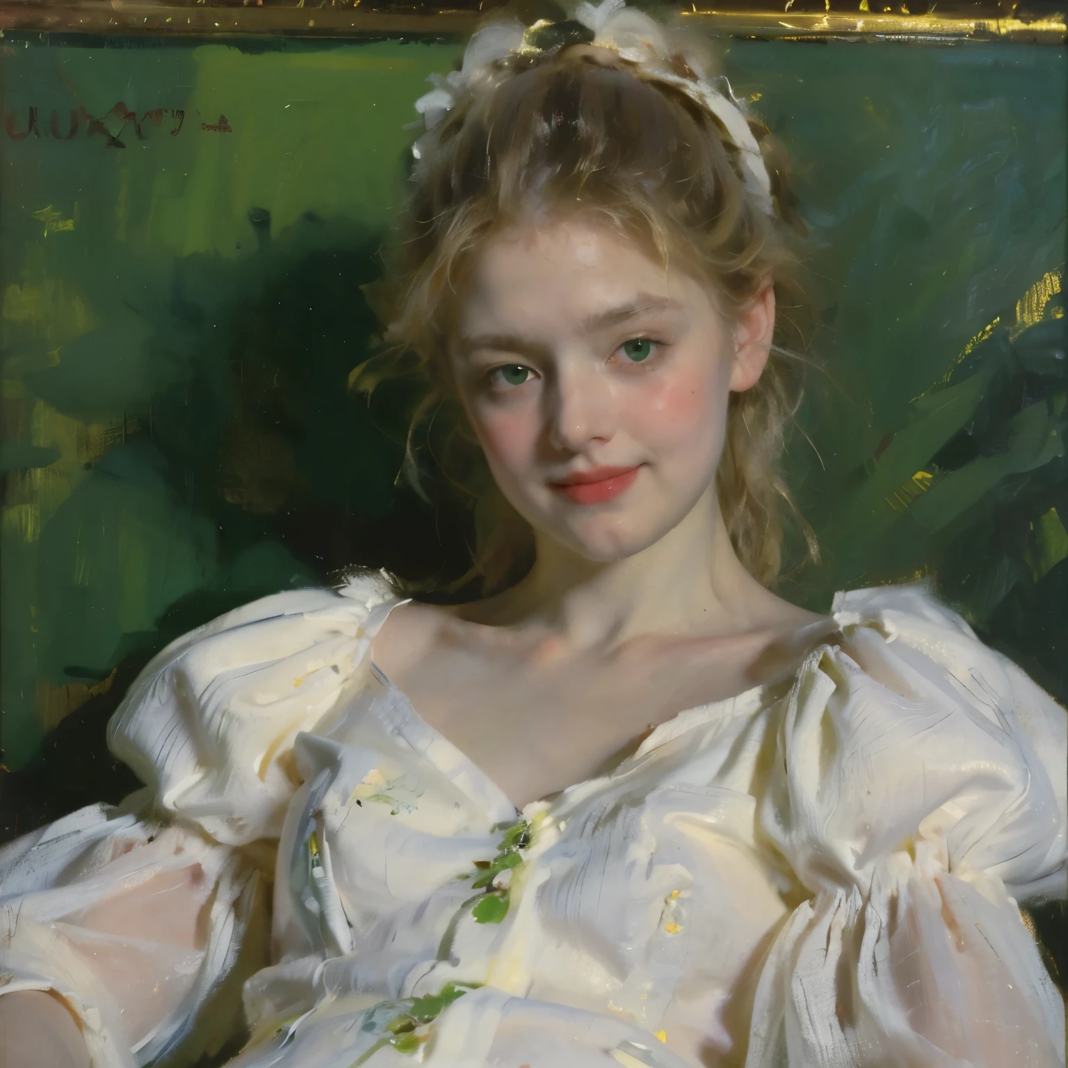Portrait, sandy blonde hair, bright blonde hair, straight hair, long hair, white classical pajama gown, green eyes, classical portrait style, beautiful girl, oil painting, 18 years girl, face closed up, face focus, side face, face closed up, (one color green background), no cheek, little smile,