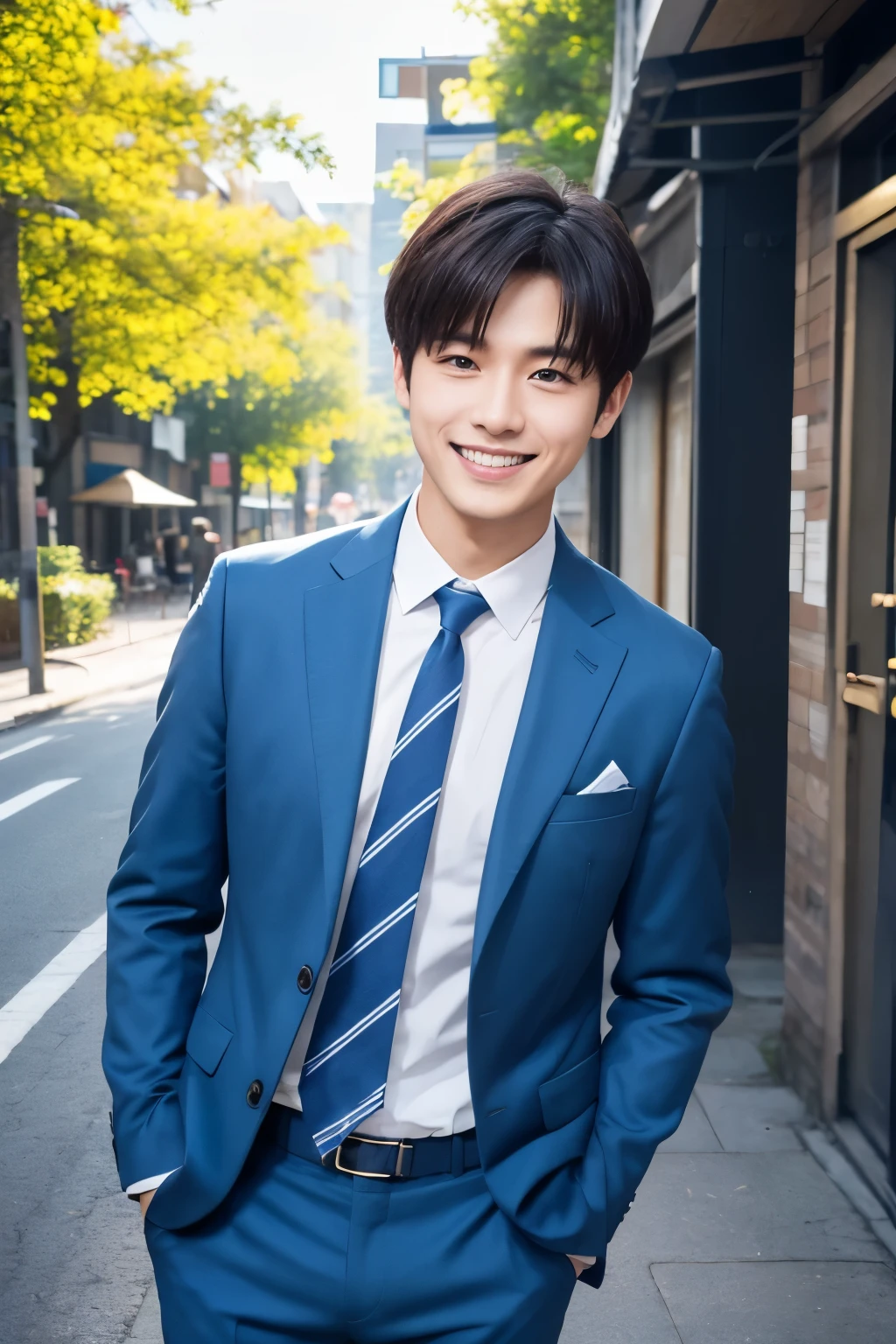 masterpiece, The best quality in the best condition, 1people々Boy, アジアpeople々male, 東アジアpeople々, people々, Muscles are balanced, Obscene pose, Short Hair Details,With a smile, White teeth, Blue striped suit, Street background, Realistic style,photograph,Viewed from the front, Viewer Display,break、garden、forest、sunlight、