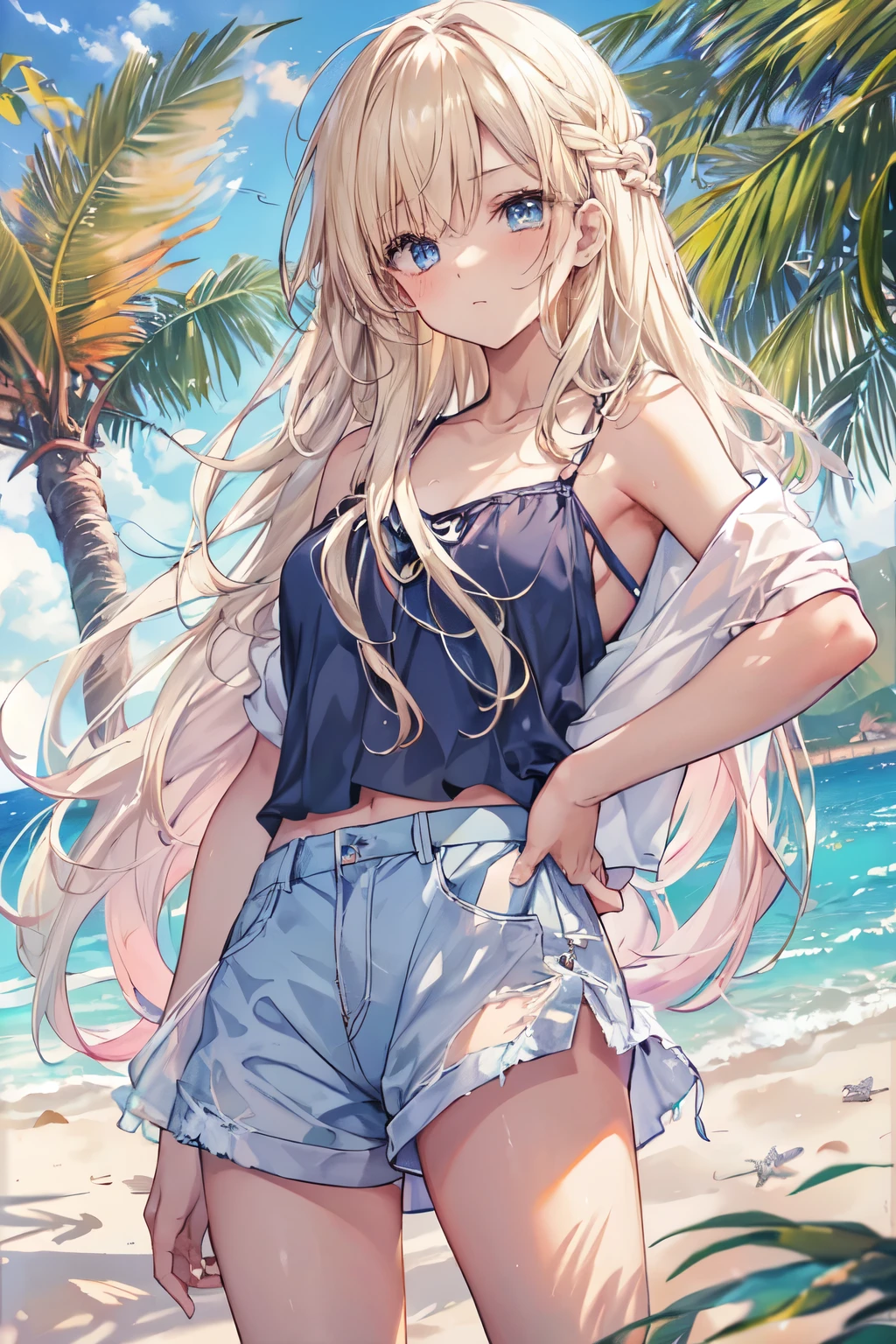 (8K、Highest quality、Highest quality、masterpiece)、Detailed face、One Girl、Spread legs、Spread Legs、(Brown Skin:1.2)、Long Hair、Blue Eyes、Sweat、Grin、(White tank top、Denim hot shorts、Mini Shorts、Cameltoe)、Cameltoe、Beach、cloud、pussy line、between labia, partially visible vulva
belly button、Big Breasts、