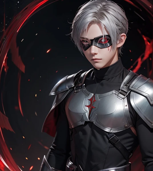 waistband, red eyes, eyepatch, silver hair, silver hair (masterpiece), (top quality), detailed face, one boy, beautiful face, alone, stealth link, mask, armor, red eyes, bodysuit,