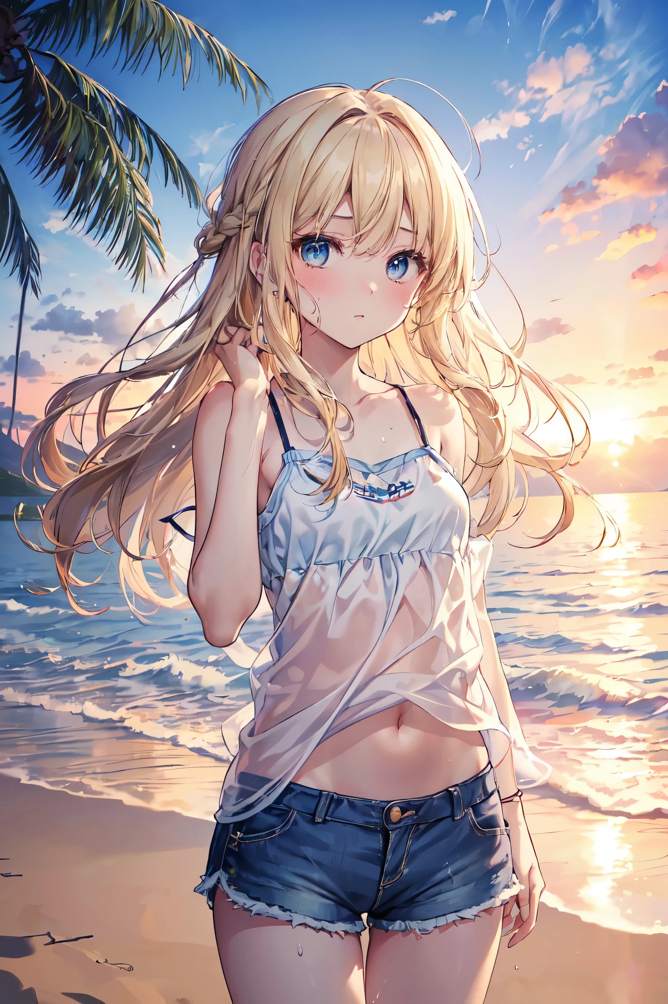 最high quality、Best image quality、masterpiece、Teenage Girl((18-year-old、 By becoming、Best Bust、Medium Bust,Camisole with wide open chest、blue eyes, Blonde Hair、Habitual hairstyle、Long Hair、thin,Highest valley、Blue shorts、Attractive face、sweating、like、Stay close to your audience、Leaning forward、Hair blowing in the wind)),high quality、Beautiful art、background((Hawaii、Waikiki、Palm tree、Beach、sunset))flying debris、Written boundary depth、movie、Visual Arts、Perfect art、8k,Genuine