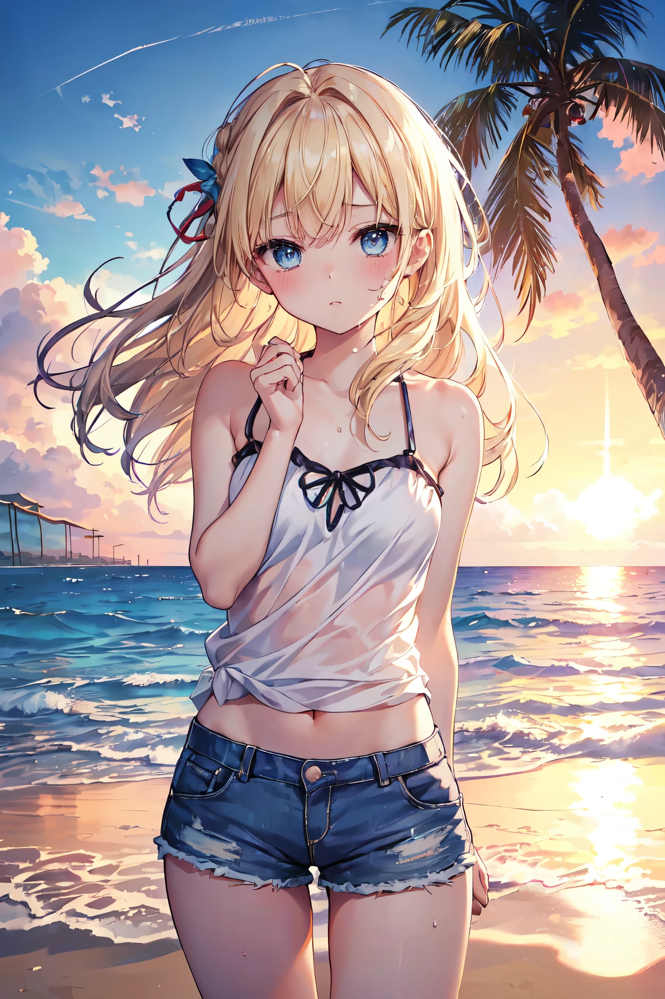 最high quality、Best image quality、masterpiece、Teenage Girl((18-year-old、 By becoming、Best Bust、Medium Bust,Camisole with wide open chest、blue eyes, Blonde Hair、Habitual hairstyle、Long Hair、thin,Highest valley、Blue shorts、Attractive face、sweating、like、Stay close to your audience、Leaning forward、Hair blowing in the wind)),high quality、Beautiful art、background((Hawaii、Waikiki、Palm tree、Beach、sunset))flying debris、Written boundary depth、movie、Visual Arts、Perfect art、8k,Genuine