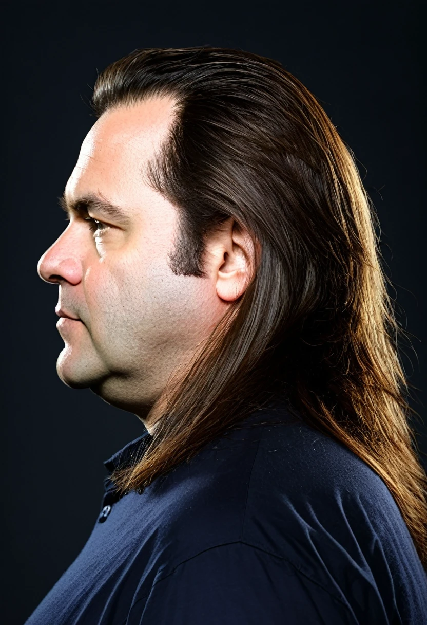 Create the image of a 45-year-old man with long hair in profile and slightly obese