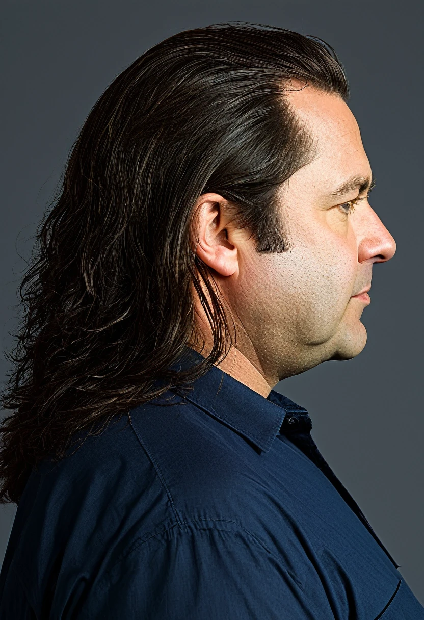 Create the image of a 45-year-old man with long hair in profile and slightly obese