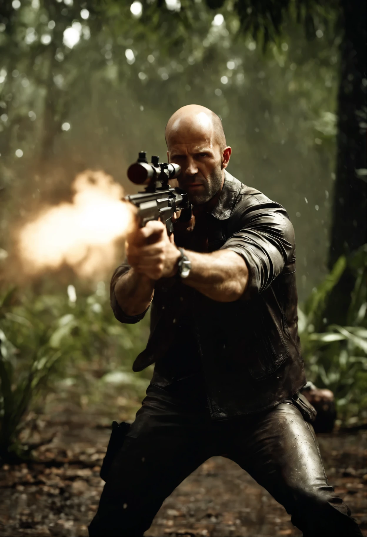 Jason Statham Create a 16K Render of bald Max Payne firing a m4 assault rifle at enemies in Max Payne 3. Set in the jungle in Sao Paolo. Photorealistic, extremely detailed add rain and reflections and blood stains. Make it dramatic and epic. Add wild trees and wildlife to the image. DSLR Effect. Kodak Film filter. Noise and film grain.