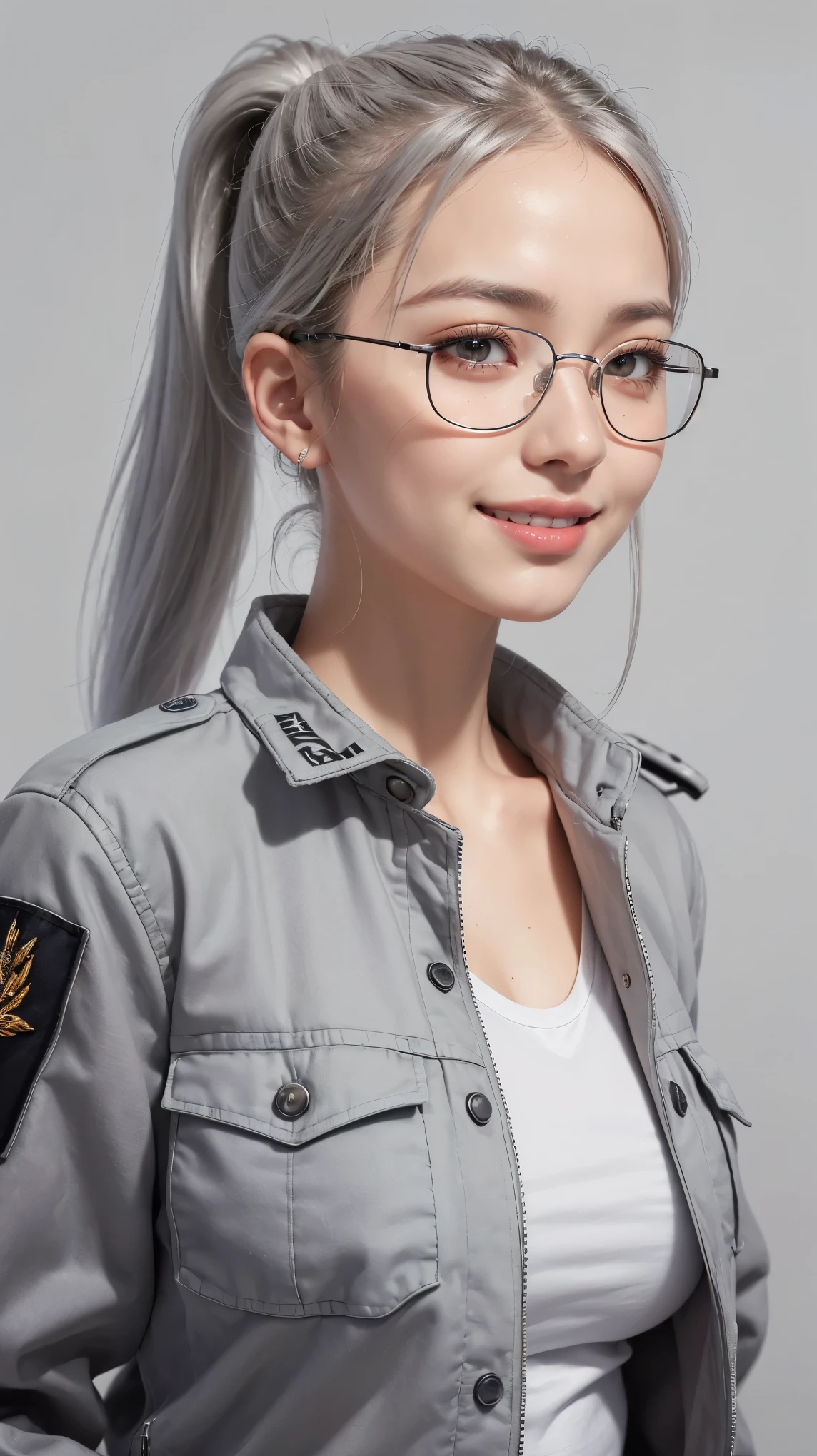 Realistic, masterpiece, highest quality, Highest Resolution, (1girl:1.3), 20-year-old, Sharp Eyes, Grinning smile, Slightly to the side, Definitely watching the audience, (Beautiful fine details, Iris, (Hidden eyelid wrinkles:1.2), Thin eyebrows, Draw eyelashes carefully, Natural Makeup, Mid-length hair, Silver Hair, ponytail, Detailed face), (rimless glasses, (White Shirt, (Light grey military jacket, MA-1)),Photographing the upper body,Portraiture, (Gray blank background:1.3)