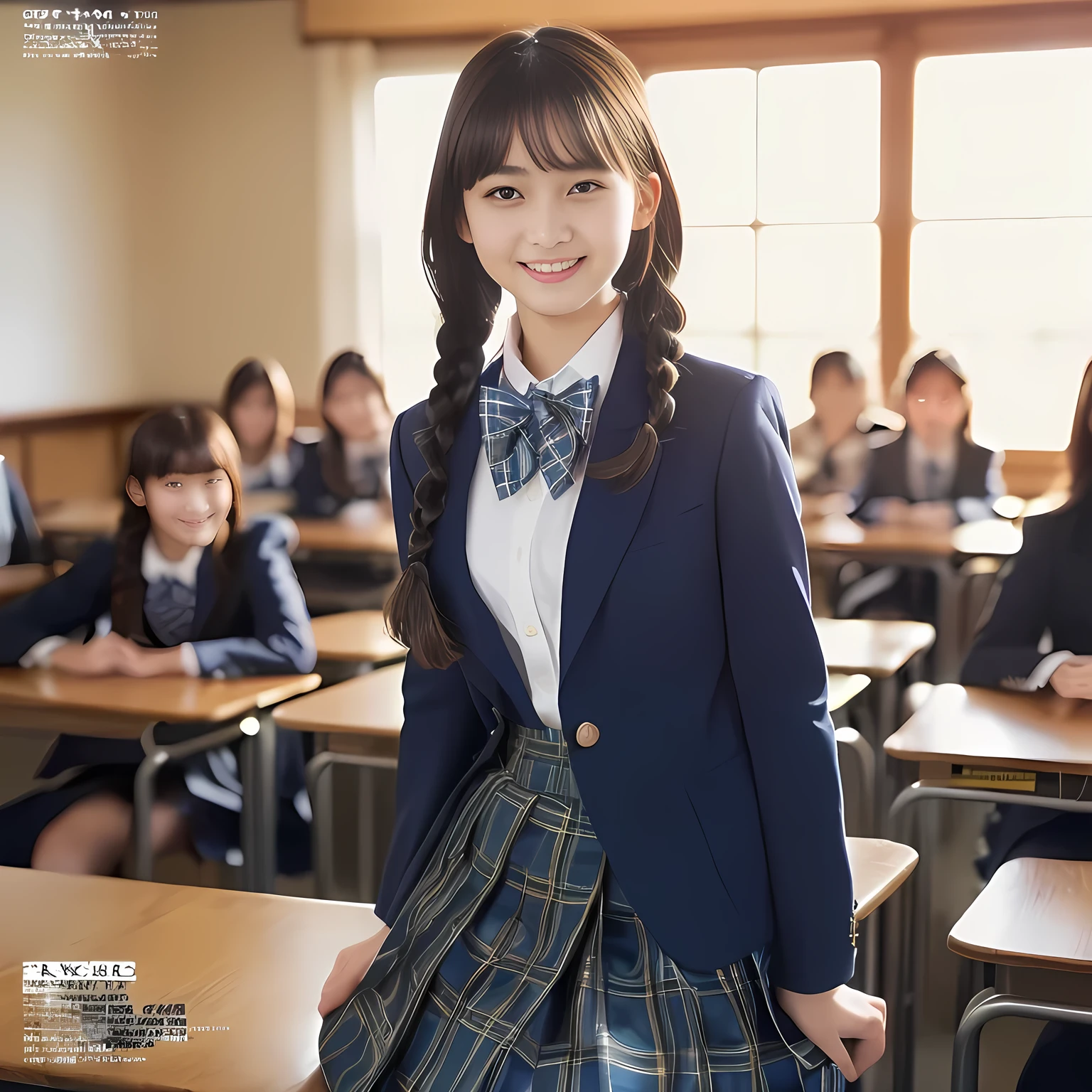 (highest quality, masterpiece:1.2), highest quality, Realistic, photograph, High resolution, 1080p, 8K, Physical Rendering, ((Height: 155cm)), ((((((Some 14 year old beautiful Japanese fashion magazine's fashion models are looking straightly at the viewer)))))), (((big very detailed beautiful dark brown eyes))), ((((Everyone is loving and laughing at me!)))), detailed fingers, (((curled blunt bangs))), ((((Very noble and cute eyes, carefully drawn with great attention to detail)))), ((double eyelids)), (((long eyelashes))), ((cute lovely lovely laughing laughing cheeks)), ((The pure white light hits my nose and cheeks. Her eyes and white facial skin shine beautifully white.)), (((((Her facial features are very expressive noble smile, very sweet, very very intelligent))))), ((((impressive plain navy large school ribbon bow tie in plain)))), ((((black very beautiful and very long braids hair)))), ((((blue and navy colored tartan checkered formal long pleated skirt under the blazer)))), ((((A formal dark blue blazer in solid that is slightly oversized and with a golden emblem)))), ((As elegant as a noble princess)), ((Dancing in a light white women's classroom)), ((The whole body with impressive noble skirt from the side))