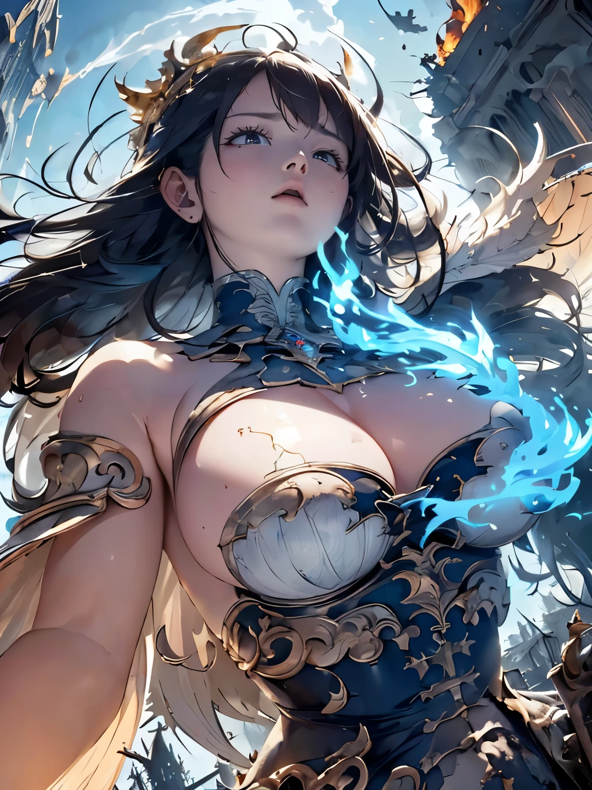 destroyed city, (100 meter tall huge goddess floating, emits light from all over the body, lost pupils, last judgment, blue flame), ((drooping eyes, sleepy, round face)), weapon, angle from below,