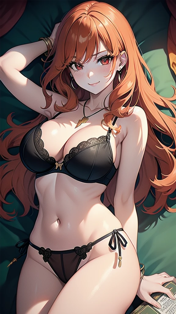 masterpiece, best quality, 1 solo girl, orange hair, red eyes, long hair, medium breasts, sexy body and face, wavy hair, smile, black bra, black panty, pendant, bracelet, jewelry, earrings, feather hair ornament, book, lying at the bed, night, sexy pose, cowboy shots, detailed body, face, and eyes, sharp focus, vibrant, creative, dynamic, high definition, high resolution, 8k, (Upscale: R-ESRGAN 4x+ Anime6mage enchance:4x), voluptuous body, cinema lightning, dakimakura style, looking at the viewer,