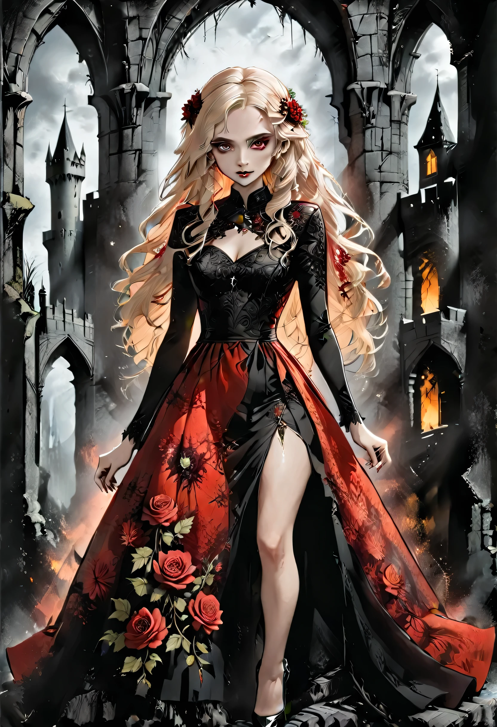 Dark fantasy art, fantasy art, goth art,  a picture of a female vampire, exquisite beauty, full body shot, dark glamour shot,  pale white skin, blond hair, long hair, wavy hair, (glowing grey: 1.3) eyes,  she  wears a (red: 1.3) red dress, ArmoredDress, the roses are imprinted on the dress (black: 1.4)  black roses, high heels, dark castle, dark, black and color, Dark Art Painting Style, flower dress, RagingNebula