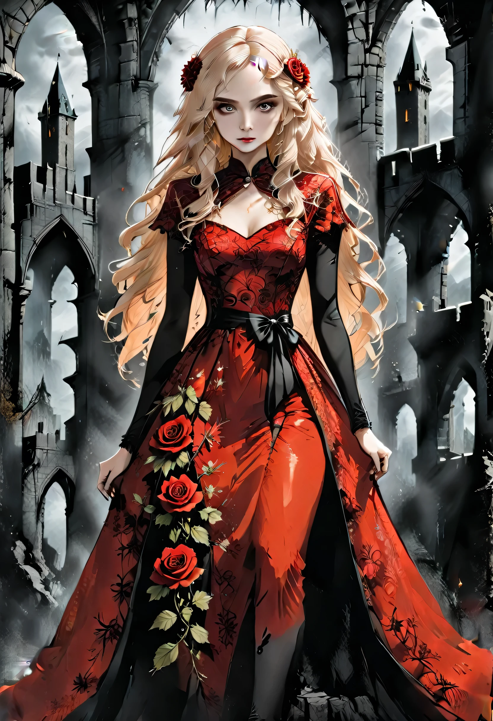 Dark fantasy art, fantasy art, goth art,  a picture of a female vampire, exquisite beauty, full body shot, dark glamour shot,  pale white skin, blond hair, long hair, wavy hair, (glowing grey: 1.3) eyes,  she  wears a (red: 1.3) red dress, ArmoredDress, the roses are imprinted on the dress (black: 1.4)  black roses, high heels, dark castle, dark, black and color, Dark Art Painting Style, flower dress, RagingNebula