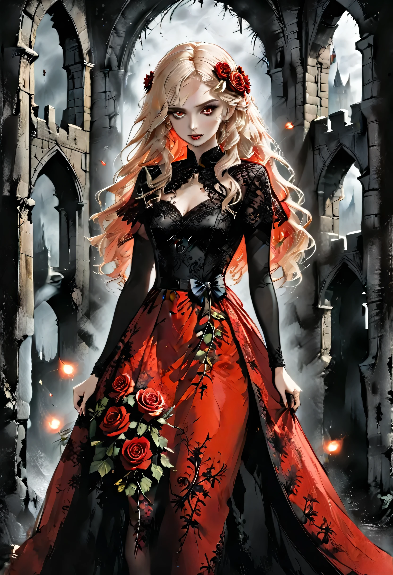 Dark fantasy art, fantasy art, goth art, a picture of a female vampire, exquisite beauty, full body shot, dark glamour shot, pale white skin, blond hair, long hair, wavy hair, (glowing grey: 1.3) eyes, she wears a (red: 1.3) red dress, ArmoredDress, the roses are imprinted on the dress (black: 1.4) black roses, high heels, dark castle, dark, black and color, Dark Art Painting Style, flower dress, RagingNebula