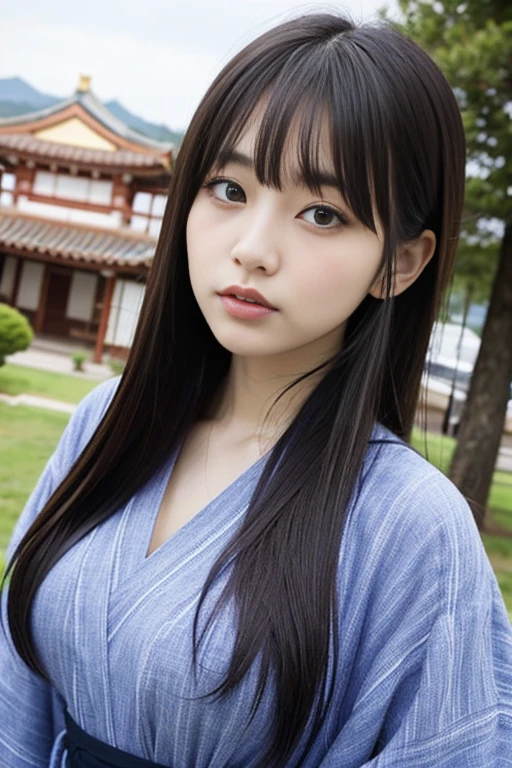 Korean women、model、Long black hair、With bangs、Big Breasts、valley、Waistline、Double eyelids、Big round eyes、Cute eyes、Droopy eyes、Cute Woman、natural、Looking up、Long eyelashes、Kasumi Arimura、20-year-old、photo realistic、Teardrop、Super Long Hair、yukata、Festivals、