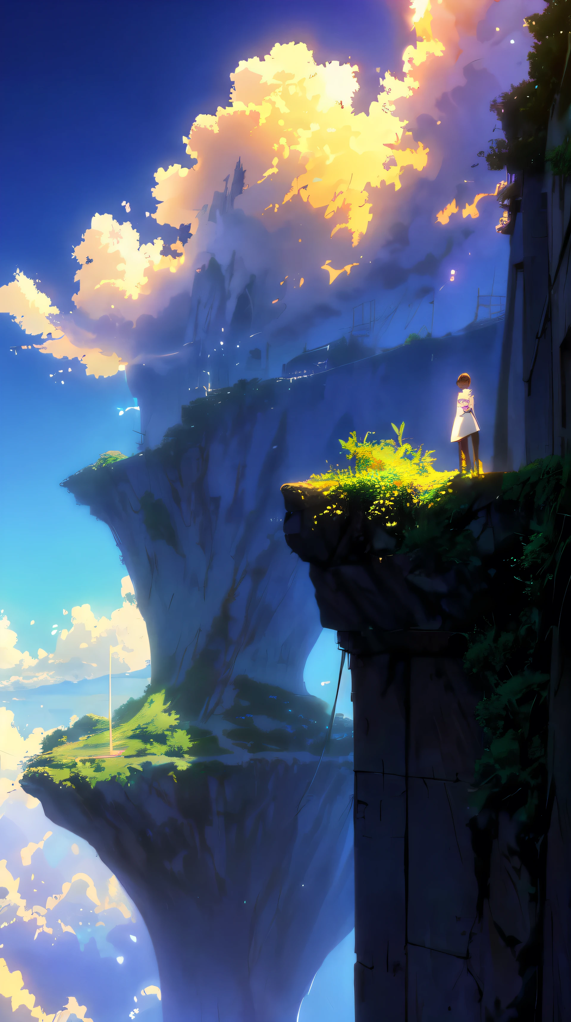 anime city with a man standing on a ledge above the city, beautiful anime scene, anime clouds, anime sky, anime beautiful peace scene, beautiful anime scenery, anime background, anime movie background, atmospheric anime, anime landscape wallpaper, makoto shinkai cyril rolando, beautifull puffy clouds. anime, anime atmospheric, ( ( makoto shinkai ) )