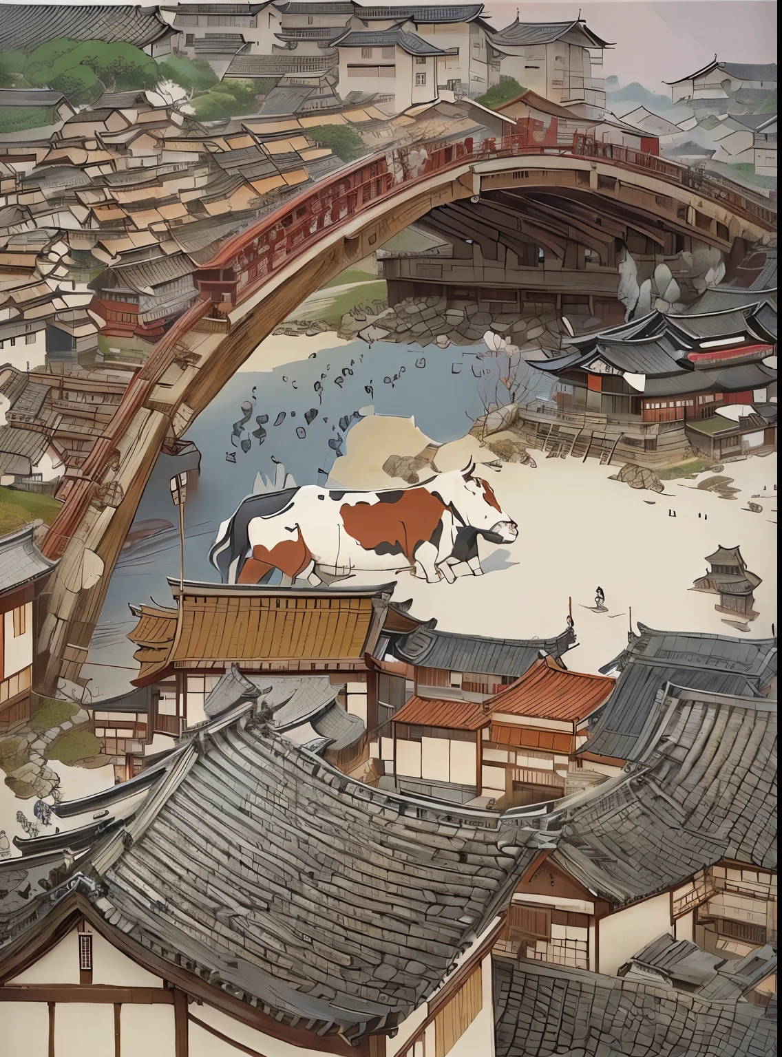 A cartoon depicting a cow in a village，There is a bridge and a group of people in the village, Traditional Japanese concept art, ( ( Wei Weide ) ), making art, Inspired by Ren Xun, The Artistic Style of Ukiyo-e, Miyazaki&#39;s style, Broad View, bo xun ling, Hayao Miyazaki&#39;s animation style