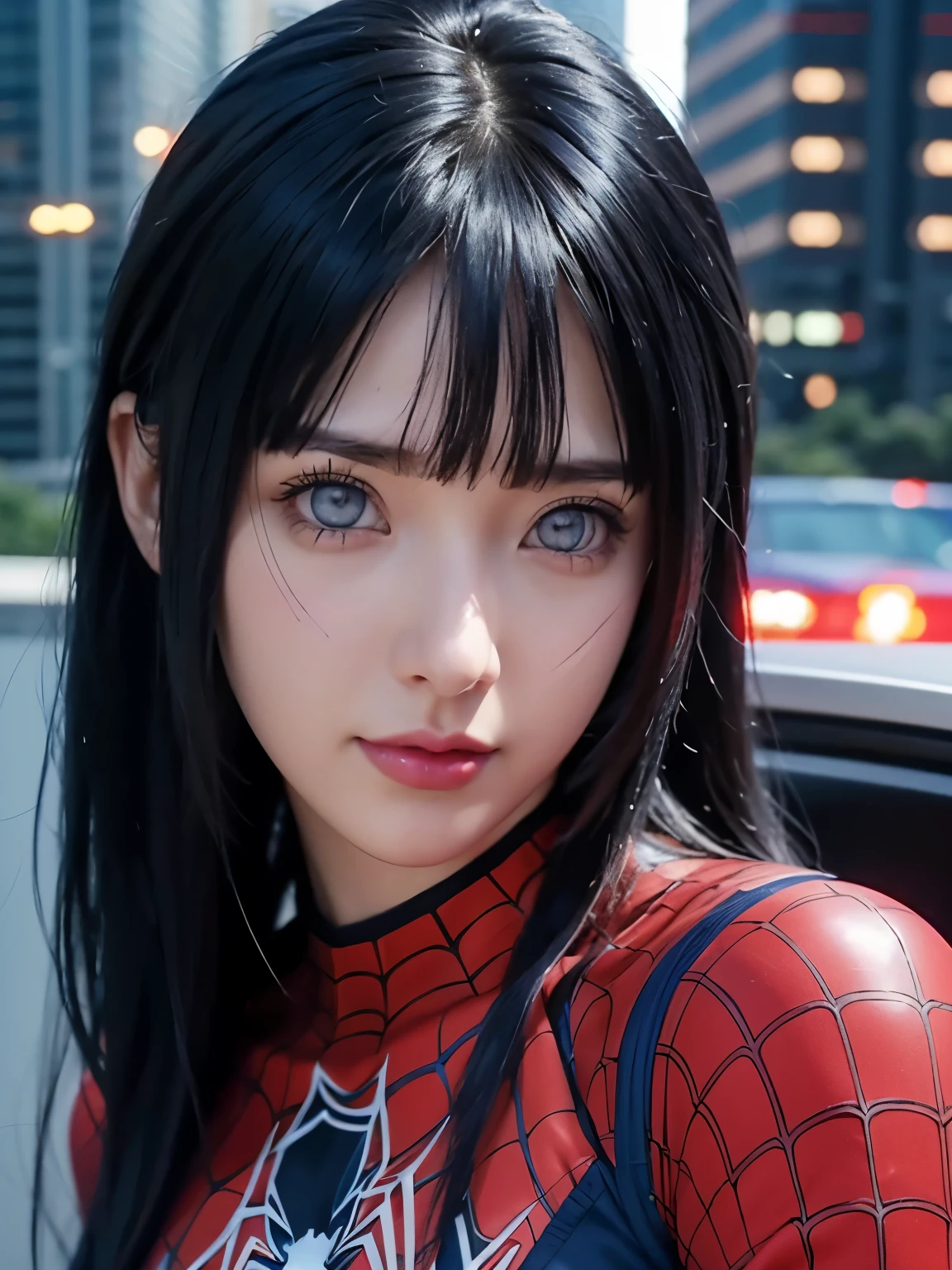 a close up of a person with long hair and a spiderman clothes, hyuga hinata, hyuga hinata from anime naruto shippuden, as an anime character, perfect anime face, she has dark blue hair with bangs, female anime character, anime character, anime best girl, hime cut hairstyle, dark blue hair, wearing a spiderman costume, (red glossy lips:1.3), white eyes, byakugan eyes, smile, realistic, spiderman clothes, ultra detail, city background, (beautiful face:1.3), medium breast, show nipples, show vagina, spread legs.