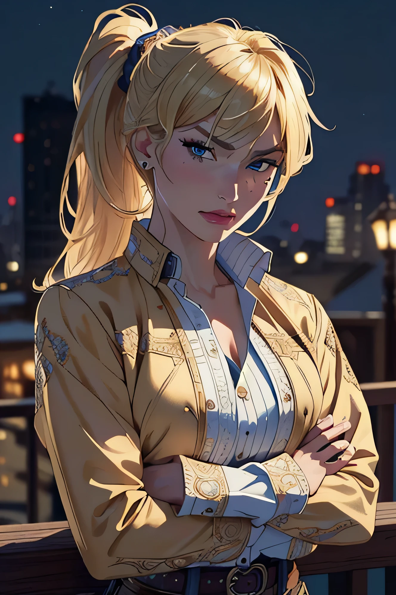 (masterpiece:1.2), (best quality), (ultra detailed), (8k, 4k, intricate),(cowboy:1.2),(highly detailed:1.2),(detailed face:1.2),(portrait),(dynamic pose:1.2),woman, shirt and jacket, blonde hair, small breast, high ponytail with bangs, makeup, crossed arms, night city