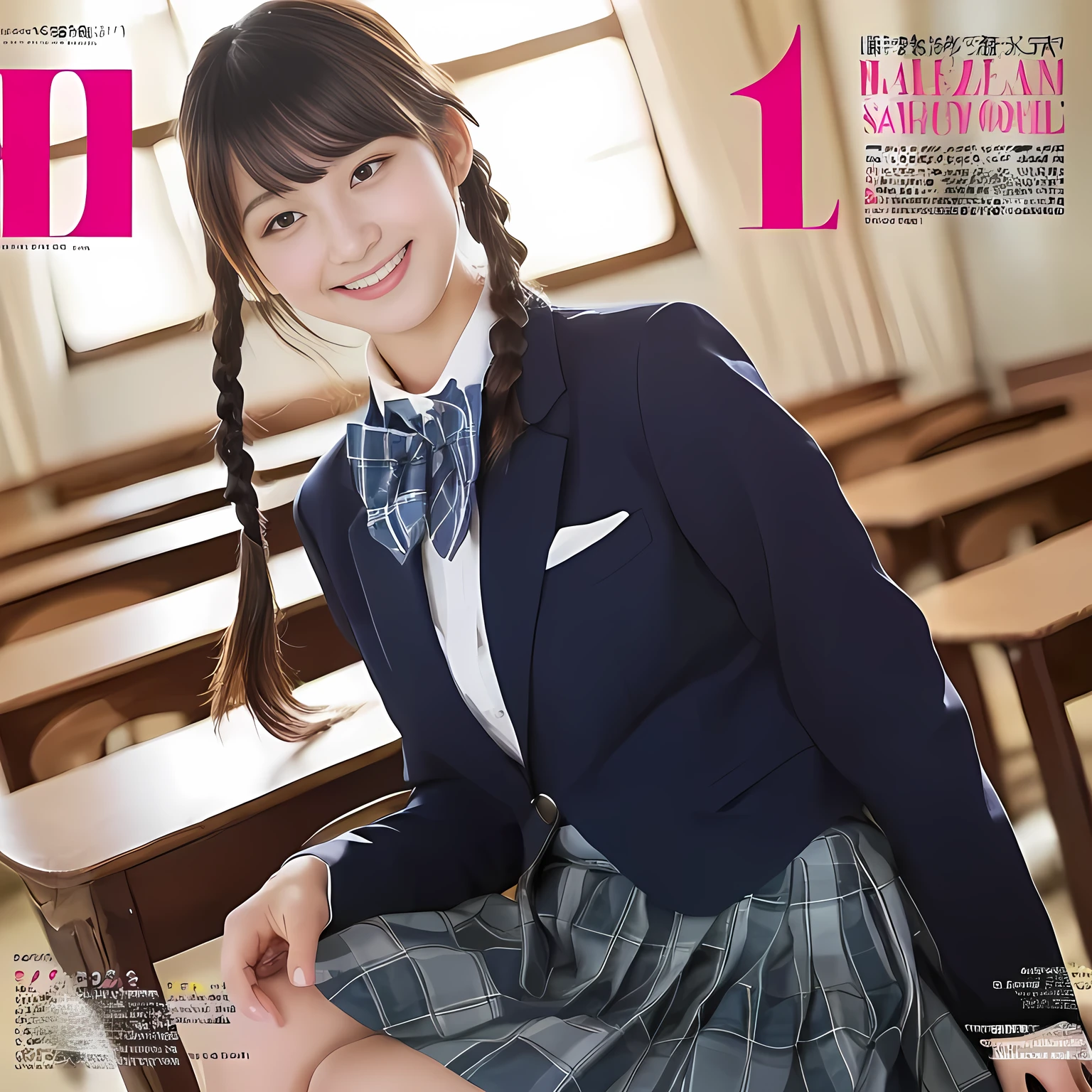 (highest quality, masterpiece:1.2), highest quality, Realistic, photograph, High resolution, 1080p, 8K, Physical Rendering, ((Height: 155cm)), ((((((Some 14 year old beautiful Japanese fashion magazine's fashion models are looking straightly at the viewer)))))), (((big very detailed beautiful dark brown eyes))), ((((Everyone is loving and laughing at me!)))), detailed fingers, (((curled blunt bangs))), ((((Very noble and cute eyes, carefully drawn with great attention to detail)))), ((double eyelids)), (((long eyelashes))), ((cute lovely lovely laughing laughing cheeks)), ((The pure white light hits my nose and cheeks. Her eyes and white facial skin shine beautifully white.)), (((((Her facial features are very expressive noble smile, very sweet, very very intelligent))))), ((((impressive plain navy large school ribbon bow tie in plain)))), ((((black very beautiful and very long braids hair)))), ((((blue and navy colored tartan checkered formal long pleated skirt under the blazer)))), ((((A formal dark blue blazer in solid that is slightly oversized and with a golden emblem)))), ((As elegant as a noble princess)), ((Dancing in a light white women's classroom)), ((The whole body with impressive noble skirt from the side))