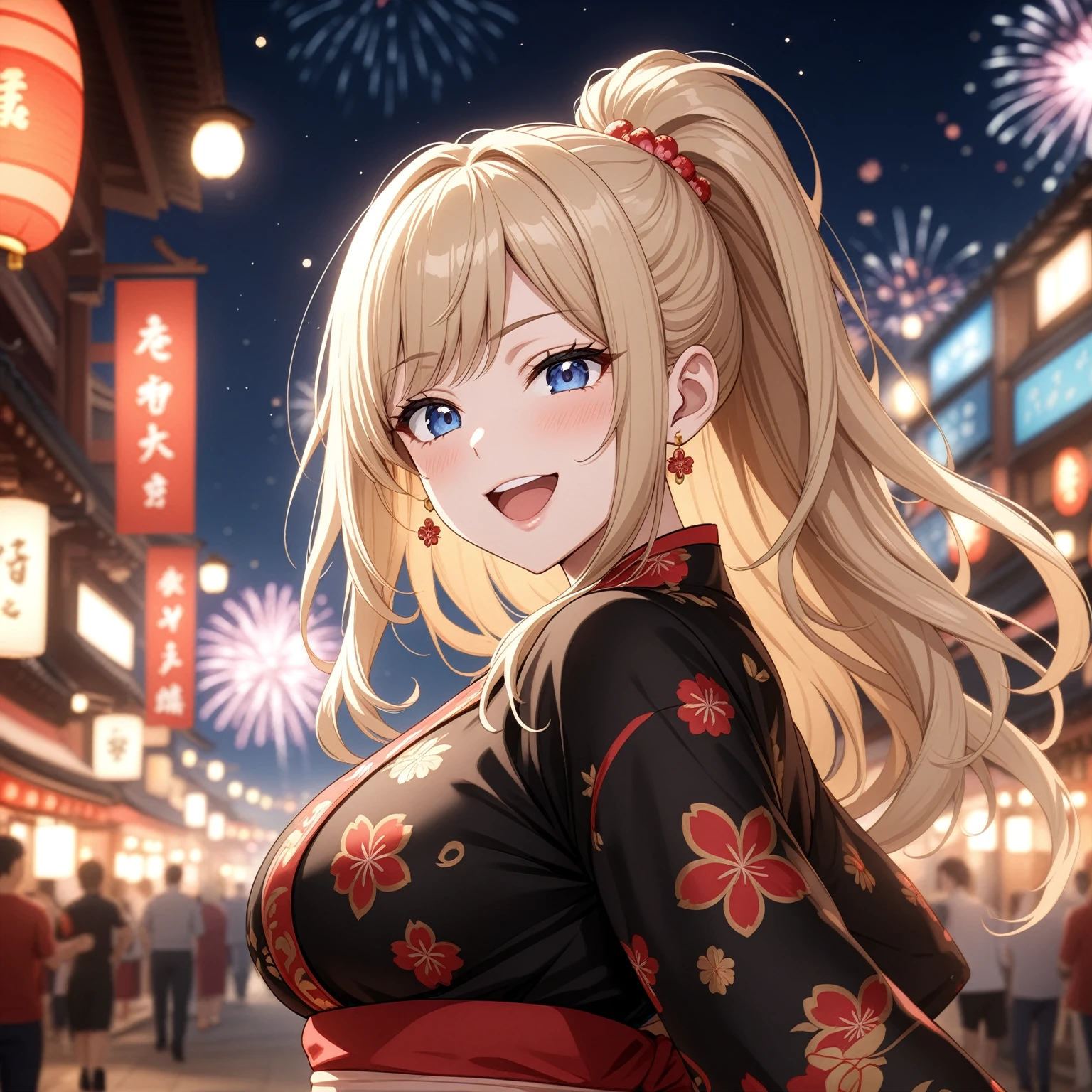 ((one personの女性)), Beautiful Face,Happy and fun,Blushing,(Wink:2.0),Laughing with your mouth open,Lighting the face,Glossy lips,Abstract, night,Shrine festival sexpensives,firework, ((Anime style background)),masterpiece, highest quality, so beautiful, Latest, Complex details, (Pink long nails),AI-generated, Complex,High resolution, highest quality, super high quality,3D Images、View your viewers、3D Images,one person,Long Blonde Hair,(Dark hair at the hairline),High Ponytail,blue eyes,Anime woman posing for a photo, [[fine grain、Colorful eyes、Shining Eyes:1.15]],(Squint your eyes:1.1),a hyperRealistic , hyperRealistic , Realistic , Blonde anime woman with long hair, Smooth anime CG art, A woman in a gorgeous kimono embroidered with gold, Black kimono,Pink floral pattern,Floral long hair ornament,Earrings,(Big Breasts:1.4),Mature Body,expensive,Big Ass,Fine details,Trained abdominal muscles,(鮮やかな浴衣を着た若い女性が日本の祭りでone personで立っている。, her eyes wide with wonder as she watches the spectacular fireworks lighting up the night sky)
