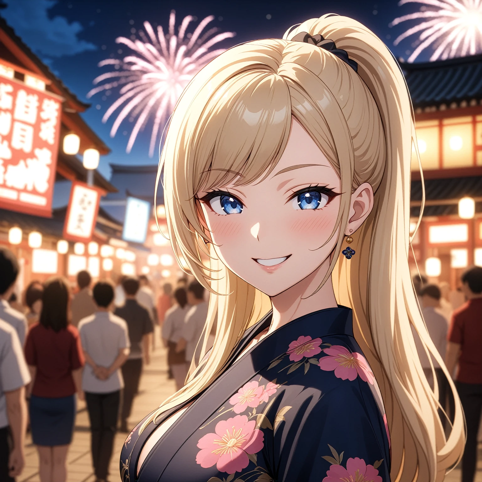 ((one personの女性)), Beautiful Face,Happy and fun,Blushing,(Wink:2.0),Laughing with your mouth open,Lighting the face,Glossy lips,Abstract, night,Shrine festival sexpensives,firework, ((Anime style background)),masterpiece, highest quality, so beautiful, Latest, Complex details, (Pink long nails),AI-generated, Complex,High resolution, highest quality, super high quality,3D Images、View your viewers、3D Images,one person,Long Blonde Hair,(Dark hair at the hairline),High Ponytail,blue eyes,Anime woman posing for a photo, [[fine grain、Colorful eyes、Shining Eyes:1.15]],(Squint your eyes:1.1),a hyperRealistic , hyperRealistic , Realistic , Blonde anime woman with long hair, Smooth anime CG art, A woman in a gorgeous kimono embroidered with gold, Black kimono,Pink floral pattern,Floral long hair ornament,Earrings,(Big Breasts:1.4),Mature Body,expensive,Big Ass,Fine details,Trained abdominal muscles,(鮮やかな浴衣を着た若い女性が日本の祭りでone personで立っている。, her eyes wide with wonder as she watches the spectacular fireworks lighting up the night sky)