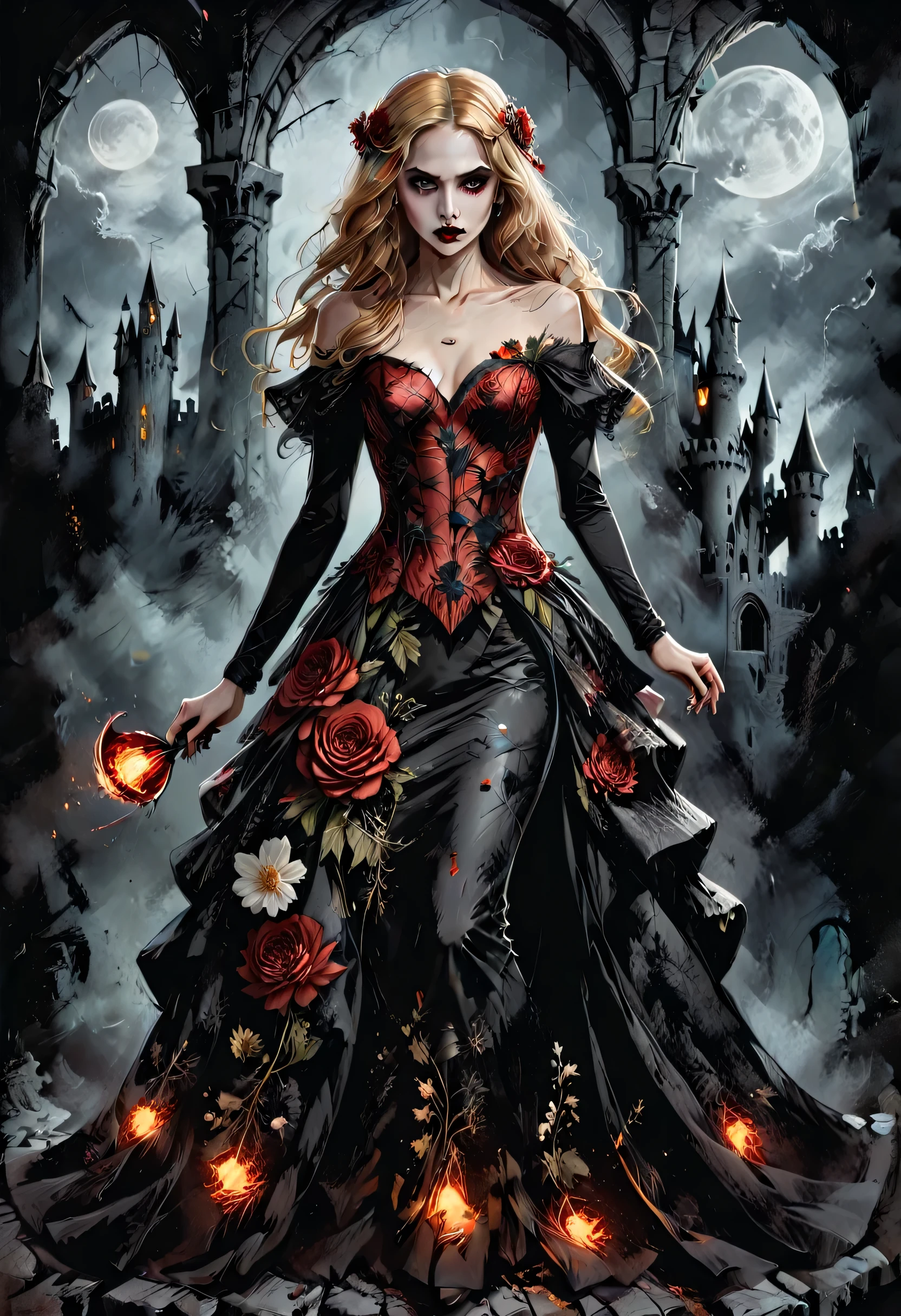 Dark fantasy art, fantasy art, goth art, a picture of a female vampire, exquisite beauty, full body shot, dark glamour shot, pale white skin, blond hair, long hair, wavy hair, (glowing grey: 1.3) eyes, she wears a (red: 1.3) red dress, ArmoredDress, the roses are imprinted on the dress (black: 1.4) black roses, high heels, dark castle, dark, black and color, Dark Art Painting Style, flower dress, RagingNebula