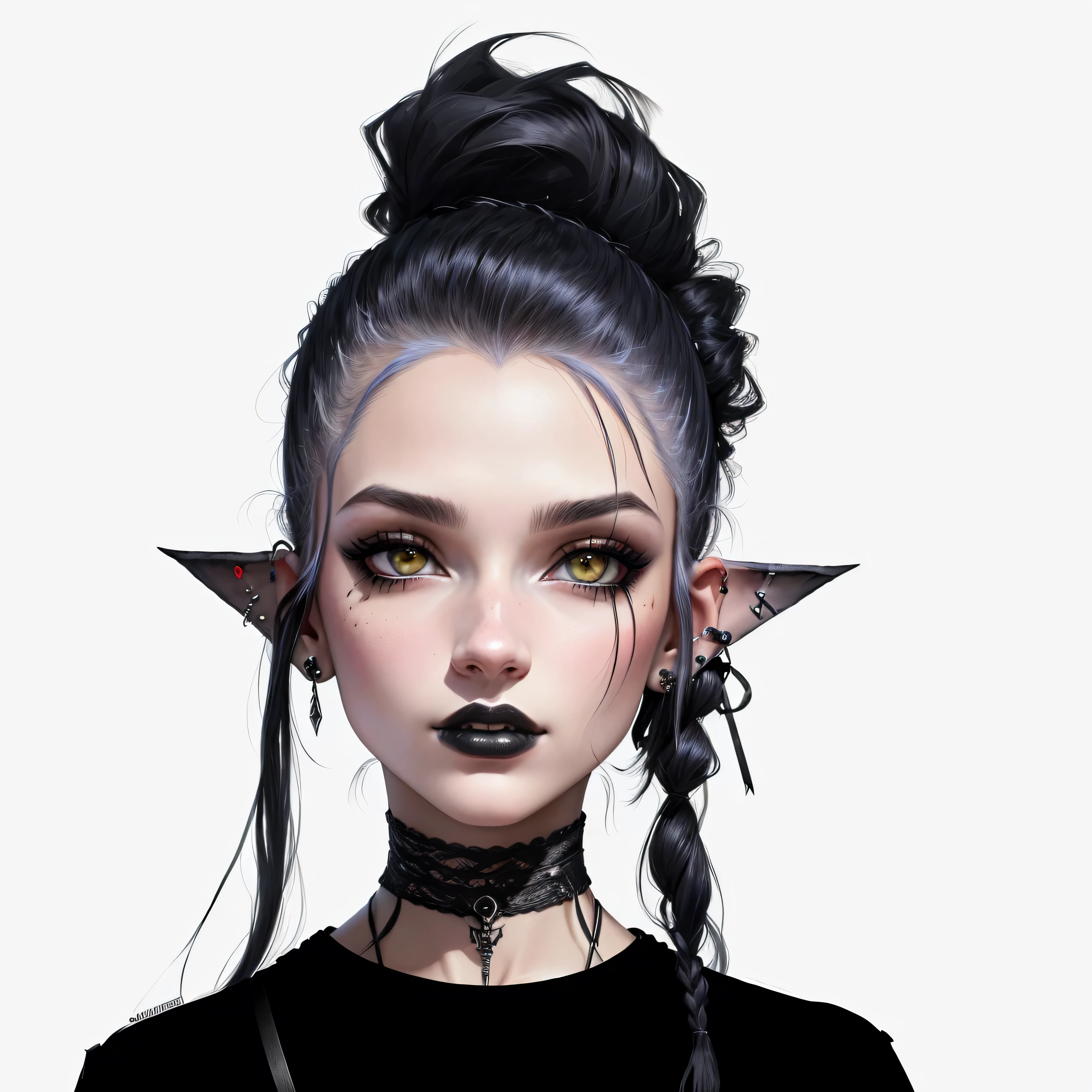 desenho de uma mulher com um coque de cabelo e rosto com piercing no rosto, linhas escuras, personagem dnd de garota Elfa, digital sketch, portrait of a gothic catgirl, goth girl, digital com tinta, orelhas pontudas, gothic woman, desenho preto, parecendo uma mistura de sujeira, retrato dnd, retrato big dark punk, desenho digital, inspirado em Shinoda Toko
