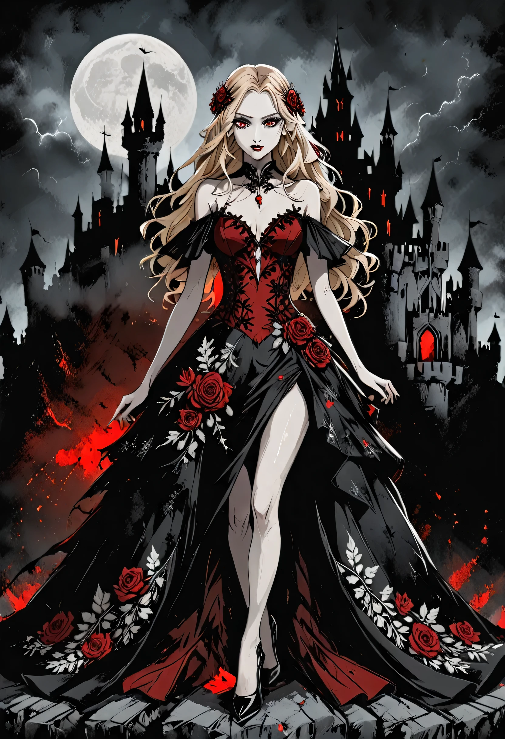 Dark fantasy art, fantasy art, goth art,  a picture of a female vampire, exquisite beauty, full body shot, dark glamour shot,  pale white skin, blond hair, long hair, wavy hair, (glowing grey: 1.3) eyes,  she  wears a (red: 1.3) red dress, ArmoredDress, the roses are imprinted on the dress (black: 1.4)  black roses, high heels, dark castle, dark, black and color, Dark Art Painting Style, flower dress, RagingNebula