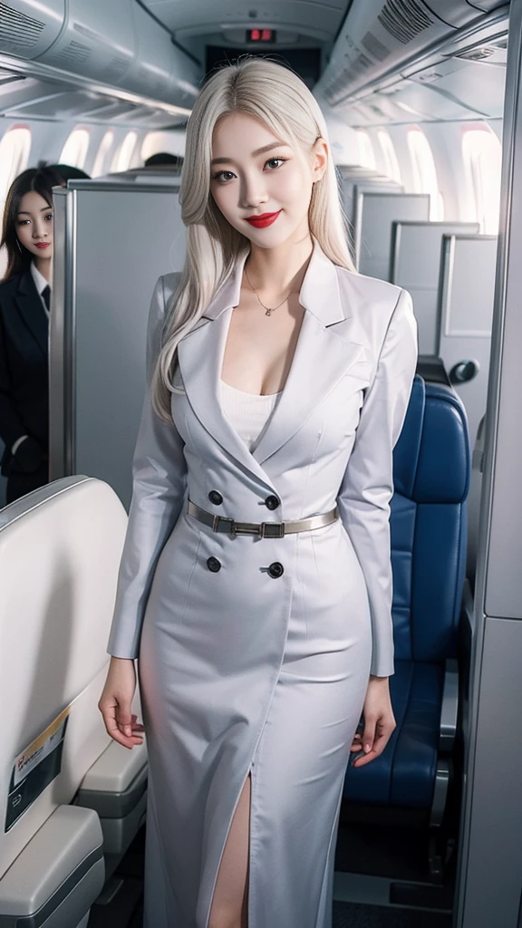 Beautiful girl, Korean makeup, Red lips, smile, Platinum hair, femoral, medium chest, medium body, The girl is a flight attendant, Korean flight attendant uniform, view inside the aircraft cabin,