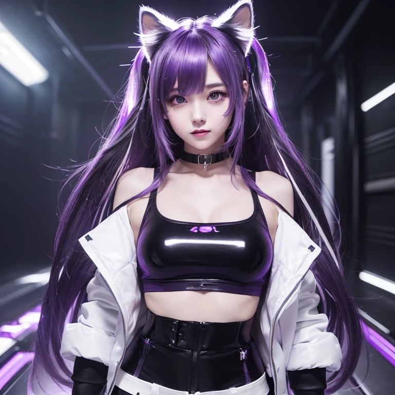 (best quality),(abstract, surreal), hearts, (((cute))),
((a girl with shiny purple straight long hair , purple hair)), (detailed light purple glow eyes), cat ears, choker,
((wearing cyber black cropped tanktop and white jacket, black pants)), (bare shoulders), (medium breasts), ((orgasm))