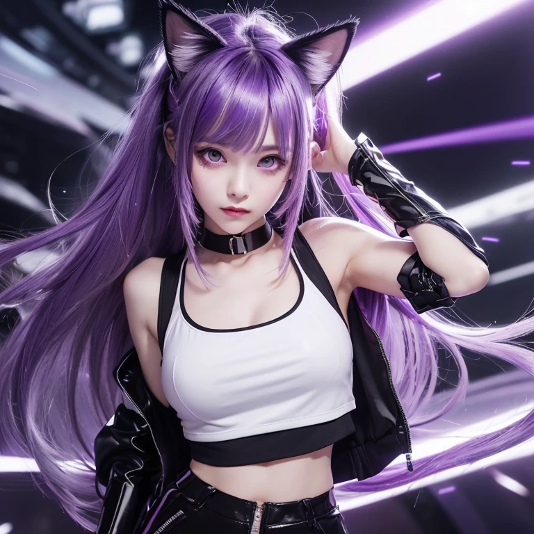 (highest quality)、(Abstract、Surreal)、(((cute)))、 ((Shiny purple straight long hair、Girl with purple hair))、(Detailed eyes glowing light purple)、Hair colour dark purple、Cat ear、choker、 ((Wearing a cyber black cropped tank top and a white jacket))、(Bare shoulderedium chest)、Big Ass、(Open your legs wide and do an M-shaped spread)、Open pussy、Sex、tits、Browsing Caution、