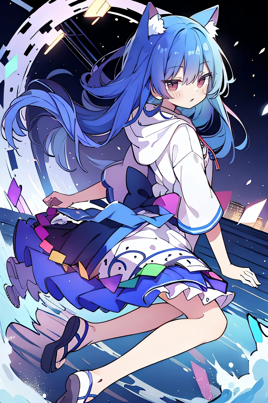 （masterpiece：1.2），Super detailed，lifelike，Expressive eyes，fair skin，perfect face shape，1 girl，
Japanese comics,Gorgeous blue hair,flowing blue hair,flowing clothes,Cat ears,Petals fall,beautiful lola,Baby Angel,
Shaking head with one hand，Cross your legs，Gentle and peaceful background，The pavilion is cool and comfortable,smile, wearing hoodie, background of tokyo,back views,snowing, winter,lie on the water. 