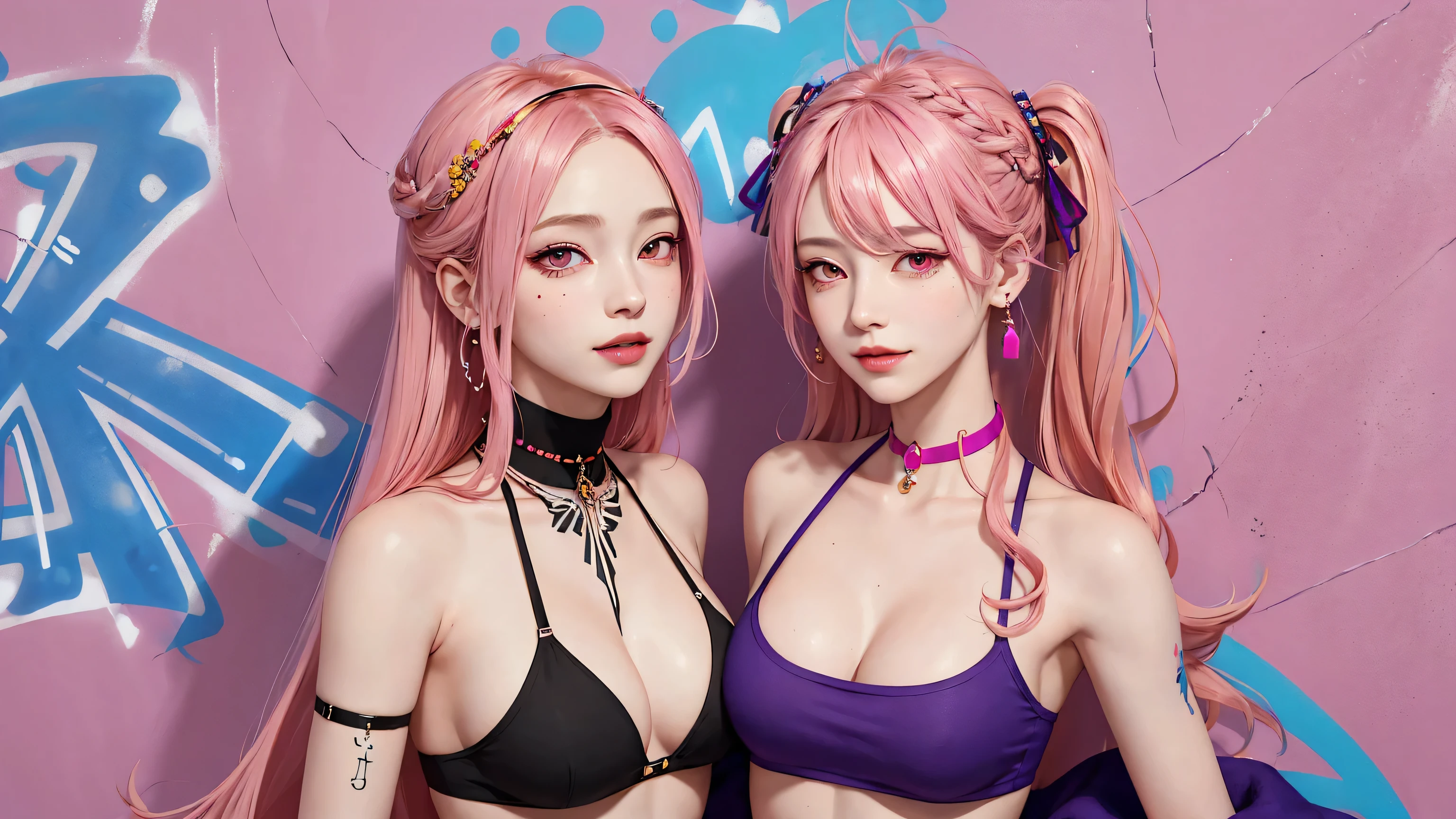 (Masterpiece, best quality, 1 girl, alone, complicated details, Chromatic aberration), realistic, ((Moderate breath)),long hair, pink hair, Red headpiece, Pink Highlights, hair on one eye,purple eyes, earring, sharp eyes, choker, Neon coat, She wears a collar, bangle, and kimono style garters., crop top, (symmetrical eyes),(Perfect symmetrical body),against the wall, Brick wall, (colorful graffiti words on the wall:1.2), The light is dim., alley ,Look at the viewer.、Dig the chest、smile、(sleeveless、Navel touch、Fitted turtleneck.)、street string hot pants、Thin bottom、Please build above the eaves..、Thin shoulders、in underwear、
