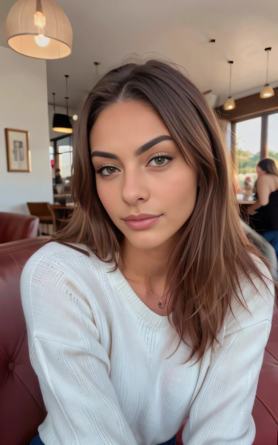 Cute beautiful dark blonde in a yellow sweater "Estilo de dinero antiguo "(Inside a modern cafe at sunset), Muy detallado, 21 years, cara inocente, pelo largo natural ondulado rubio oscuro, blue eyes, high resolution, Obra maestra, mejor calidad,detalles intrincados, Muy detallado,Sharp focus, Piel detallada,realista skin textura,textura, ojos detallados, profesional, 4k, sonrisa encantadora, disparado en Canon, 85mm,poca profundidad de campo,Kodak Color Vision, cuerpo en forma perfecta, extremadamente detallado, foto_\(ultra\), fotorealista, realista, Postprocesamiento, maximum detail, aspereza, vida real, ultra realista, fotorealism, fotography, 8k hd, fotography