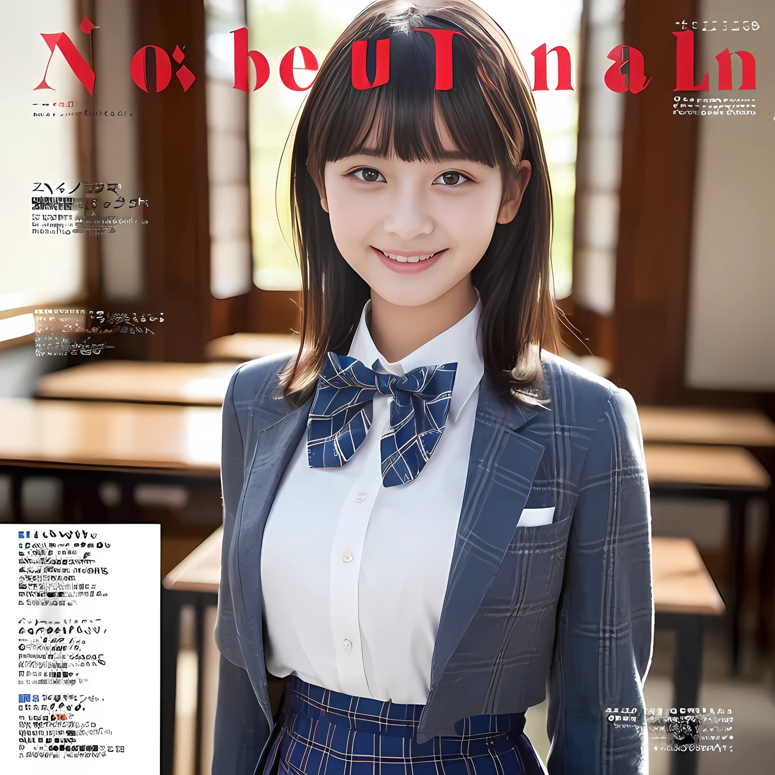 (highest quality, masterpiece:1.2), highest quality, Realistic, photograph, High resolution, 1080p, 8K, Physical Rendering, ((Height: 155cm)), ((((((Some 14 year old beautiful Japanese fashion magazine's fashion models are looking straightly at the viewer)))))), (((big very detailed beautiful dark brown eyes))), ((((Everyone is loving and laughing at me!)))), detailed fingers, (((curled blunt bangs))), ((((Very noble and cute eyes, carefully drawn with great attention to detail)))), ((double eyelids)), (((long eyelashes))), ((cute lovely lovely laughing laughing cheeks)), ((The pure white light hits my nose and cheeks. Her eyes and white facial skin shine beautifully white.)), (((((Her facial features are very expressive noble smile, very sweet, very very intelligent))))), ((((impressive plain navy large school ribbon bow tie in plain)))), ((((black very beautiful and very long bobbed hair)))), ((((blue and navy colored tartan checkered formal long pleated skirt under the blazer)))), ((((A formal dark blue blazer in solid that is slightly oversized and with a golden emblem)))), ((As elegant as a noble princess)), ((Dancing in a light white women's classroom)), ((The whole body with impressive noble long skirt))