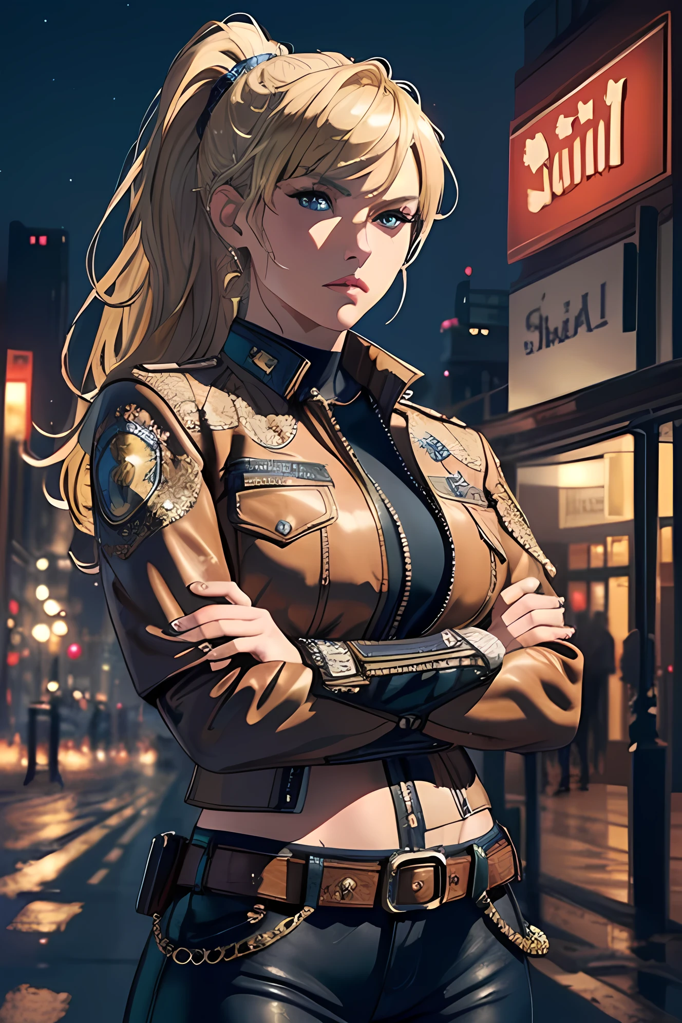 (masterpiece:1.2), (best quality), (ultra detailed), (8k, 4k, intricate),(cowboy:1.2),(highly detailed:1.2),(detailed face:1.2),(portrait),(dynamic pose:1.2),woman, police uniform, leather jacket, blonde hair, small breast, high ponytail with bangs, makeup, crossed arms, night city