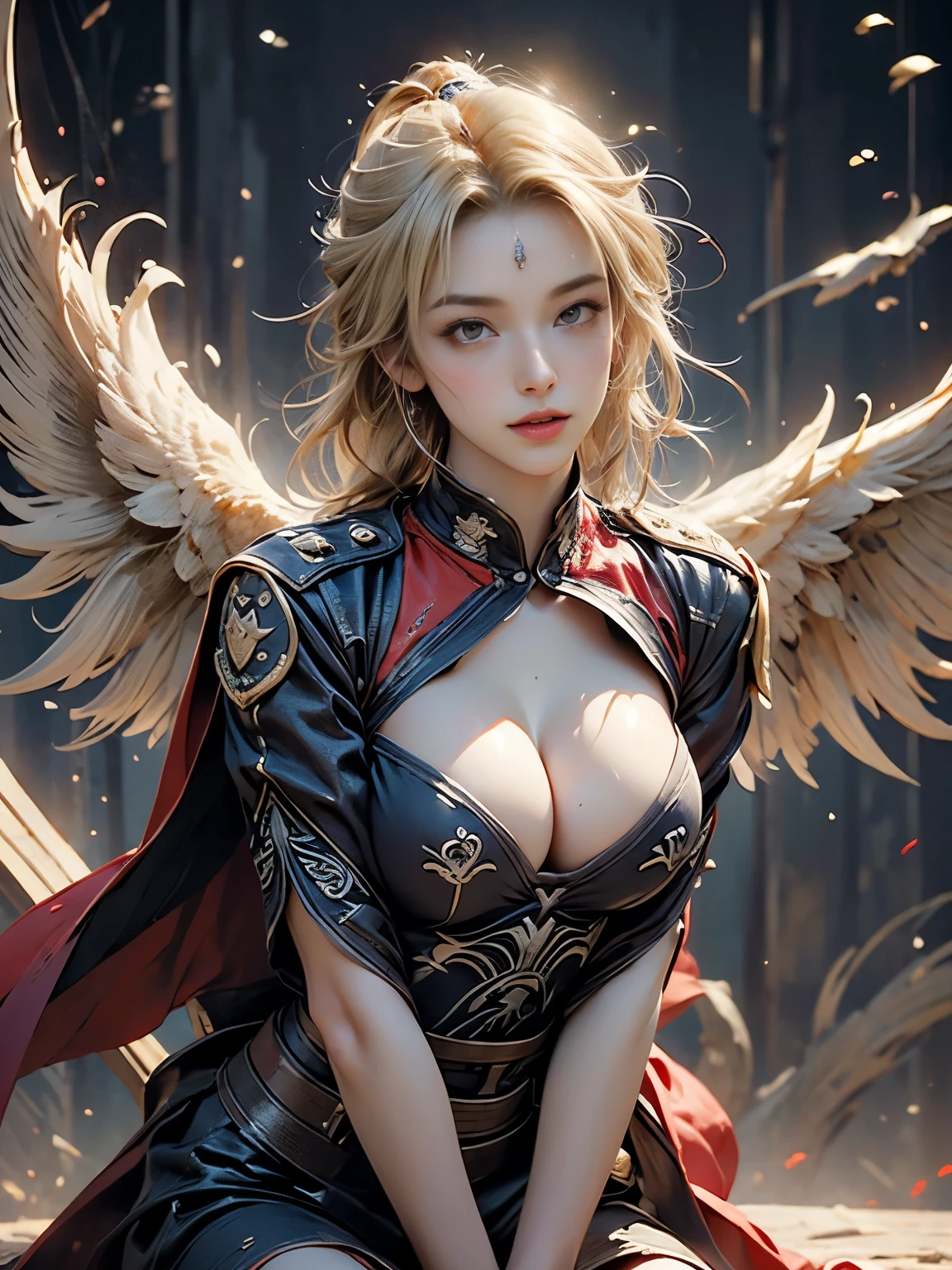 Zerg Queen Beautiful Girl: Ranlinger, 18 years old, (Valkyrie:1.6), Messy Hair, oil, Romanticism painting, beautiful Perfect Face, Soft Skin, Perfect Face, Yasutomo Oka's painting style, Big firm Breasts, hard nipples, The chest of the clothes is wide open, breasts exposed, cleavage is exposed, Add light purple and purple, Add Light Red, Intricate details, Splash screen, 8K resolution, masterpiece, Serious, Sharp Eyes, Break, Blonde, big wings on back, dynamic sexy poses, sweat, long red cape, (mysterious magic circle background:1.3), Colorful background, universe, Sharp Eyes, Break, Blonde, dynamic sexy poses, sweat, long red cape, Strong winds, Colorful light,