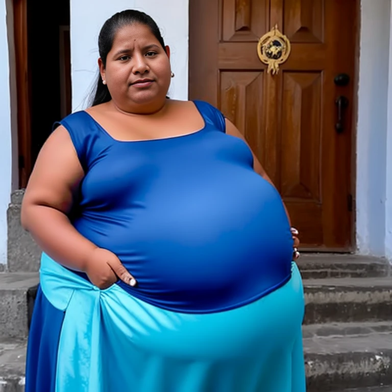 Extremely Hyperpregnant Fijian woman with huge belly wearing a dress