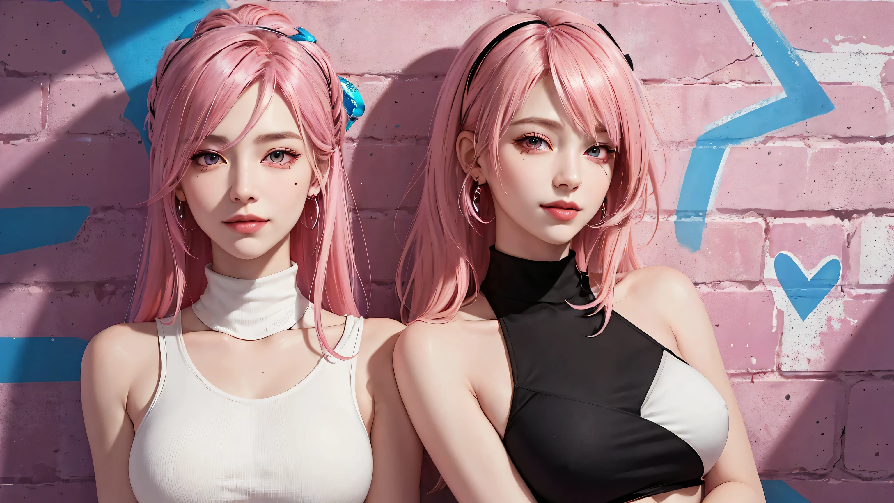 (Masterpiece, best quality, 1 girl, alone, complicated details, Chromatic aberration), realistic, ((Moderate breath)),long hair, pink hair, Red headpiece, Pink Highlights, hair on one eye,purple eyes, earring, sharp eyes, choker, Neon coat, She wears a collar, bangle, and kimono style garters., crop top, (symmetrical eyes),(Perfect symmetrical body),against the wall, Brick wall, (colorful graffiti words on the wall:1.2), The light is dim., alley ,Look at the viewer.、Dig the chest、smile、(sleeveless、Navel touch、Fitted turtleneck.)、street string hot pants、Thin bottom、Please build above the eaves..、Thin shoulders、in underwear、