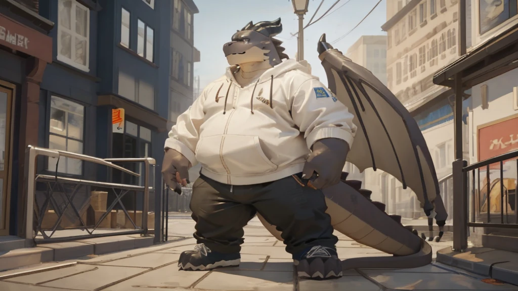 Dragon, male, adult, solo, scalie, fat body, barra,yaoi, kemono, white Hoodie,Short pants, street city outfit,stand,nerd, full body, perfect body,out scalie view, white blank background, quanjiang art style,by chunie,by quanjiang