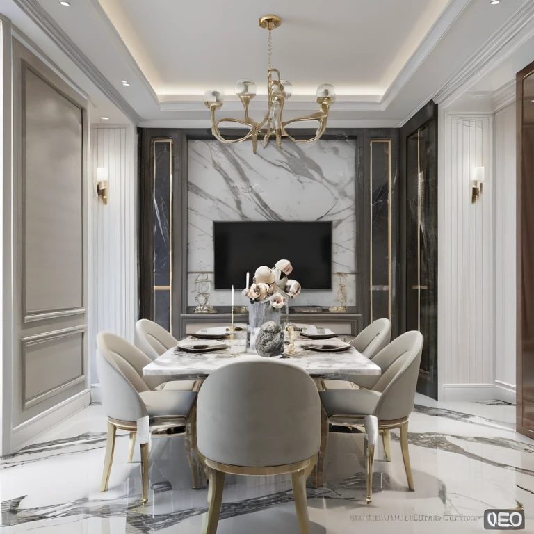 there is a dining room with a marble table and chairs, luxury condo interior, high quality rendering, precise architectural rendering, elegant and refined, high-quality render, insanely detailed rendering, award-winning render, high quality 3 d render, high quality 3d render, realistic physical rendering, luxury hd render, neo - classical, neo-classical, professional 3d render