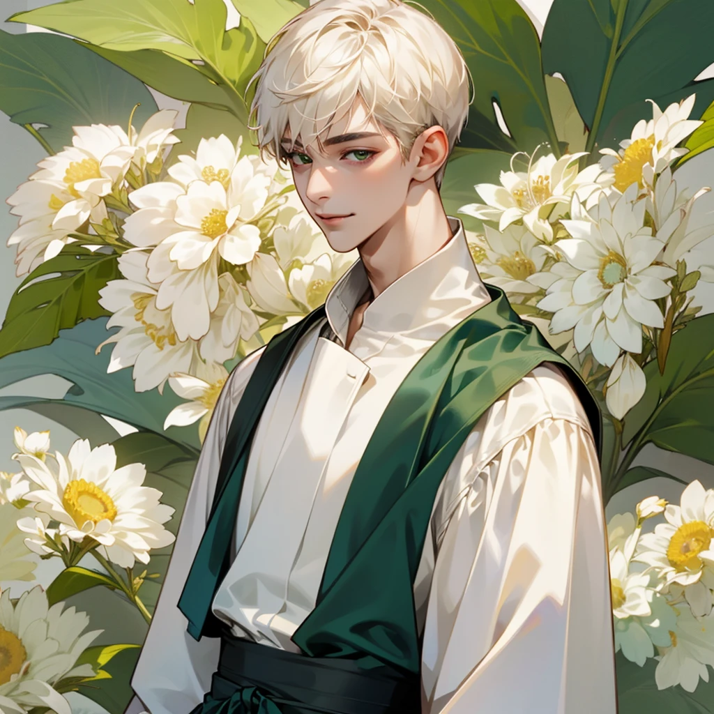 high quality, detailed, 
young man , 4K UHD, super detail, best quality, detailed eyes, masterpiece, young ,21years old ,white short hair ,green beautifull eyes,sweet smile ,quiet expression,beautiful smile,casual outfit