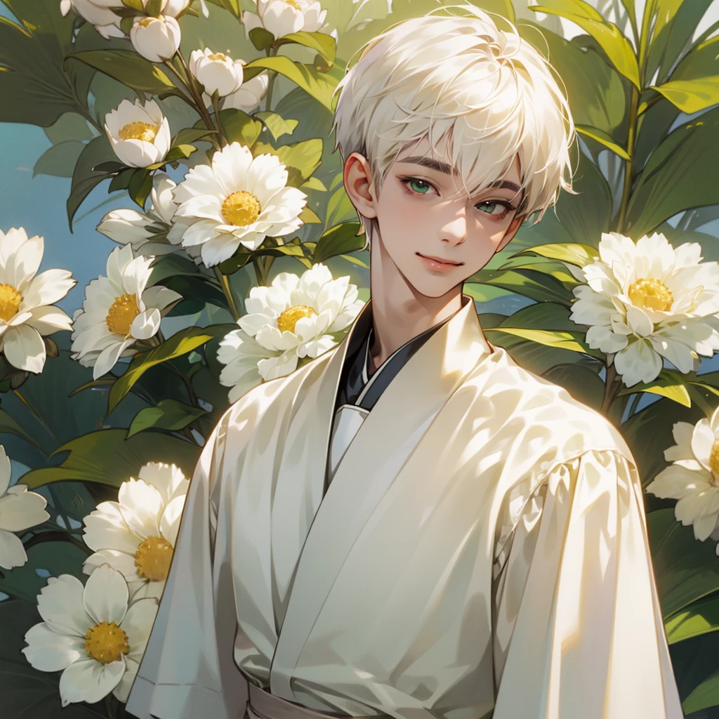 high quality, detailed, 
young man , 4K UHD, super detail, best quality, detailed eyes, masterpiece, young ,21years old ,white short hair ,green beautifull eyes,sweet smile ,quiet expression,beautiful smile,casual outfit