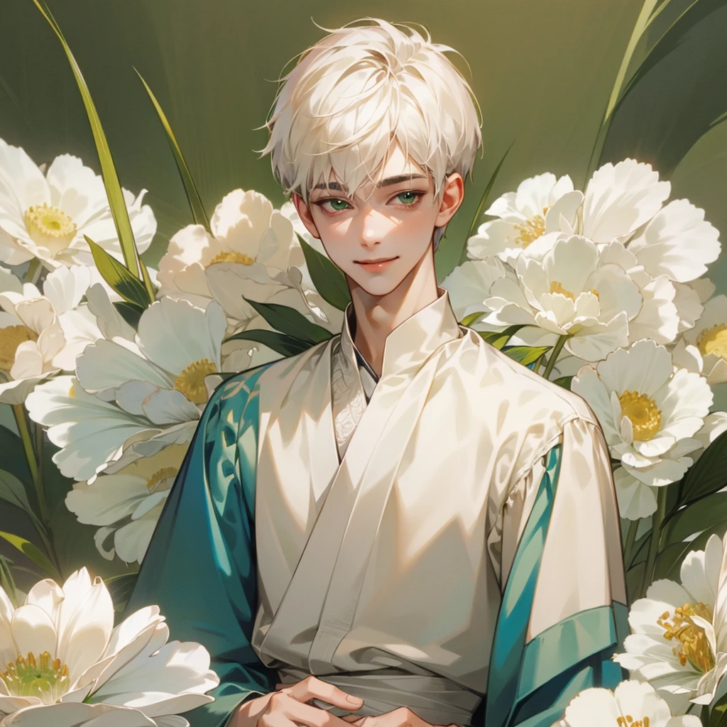high quality, detailed, 
young man , 4K UHD, super detail, best quality, detailed eyes, masterpiece, young ,21years old ,white short hair ,green beautifull eyes,sweet smile ,quiet expression,beautiful smile,casual outfit