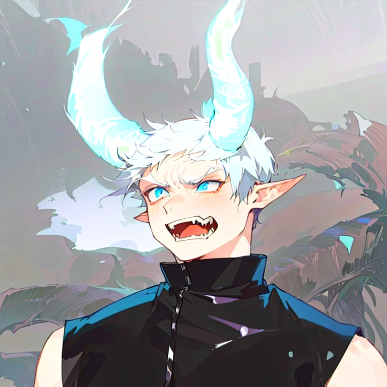 1man, solo 30 years old,male demon with horned head,Flamming horns, ((very short hair)) , silver haired mad, scowling pale skin, blue eyes, latex Long sleeveless black tunic, Bare legs, long black gloves with bare fingers, long black boots, black claws, fangs, God of demon, winter scenery