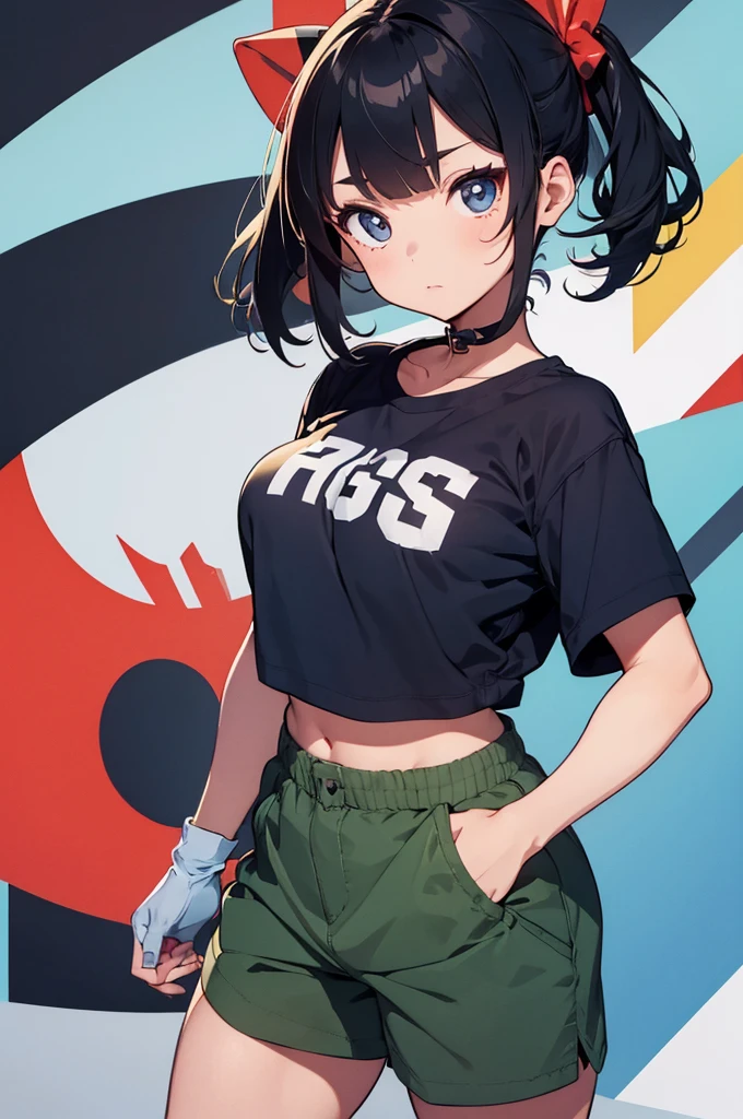 (masterpiece, best quality:1.1),popart style,flat color,(1girl,japanese,tween,Paw hair accessory,Paw Ball Gloves,,detailed face,BREAK (navy hair,wavy-short hair),parallel eyebrows,eyes with large irises,blunt bangs,small nose, fresh lips,small breasts,(5feet tall)),. very happy,. BREAK Oversized Tee,short cargo pants,high-top sneakers,